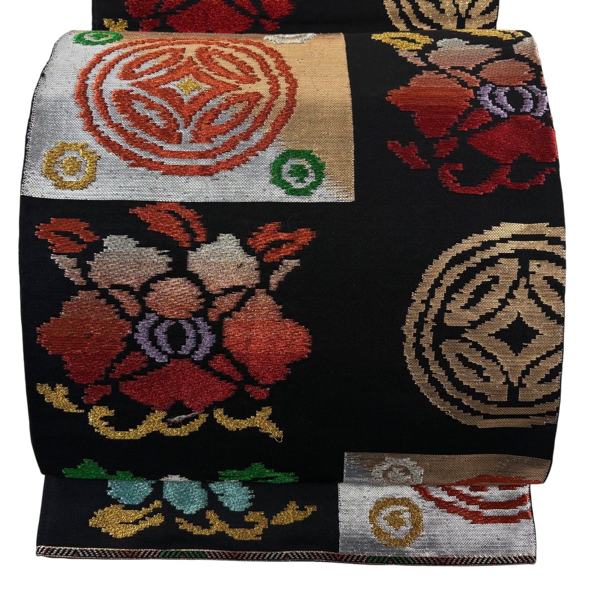 袋帯 名品 関西仕立て 七宝 草花 金銀糸 箔 黒 六通 正絹 【中古】