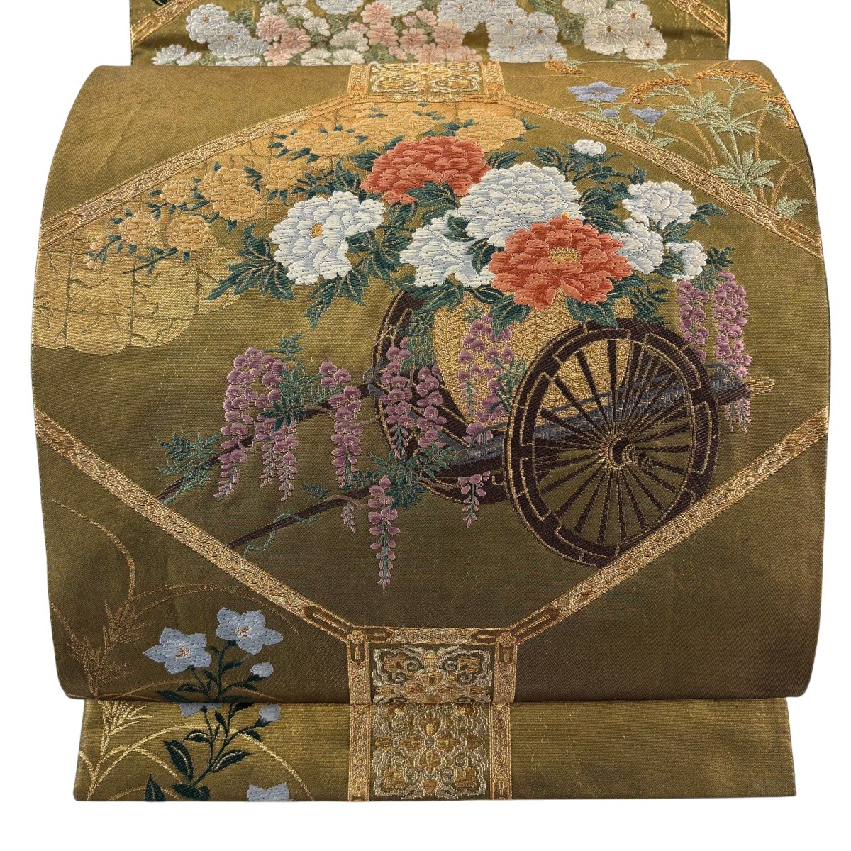 袋帯 名品 じゅらく 落款あり 花車 花菱 金糸 箔 金色 六通 正絹 【中古】