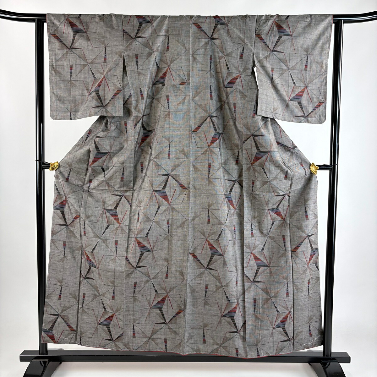【美品】 紬 身丈156.5cm 裄丈62.5cm S 袷 麻の葉 縞 灰茶 正絹 秀品 【中古】
