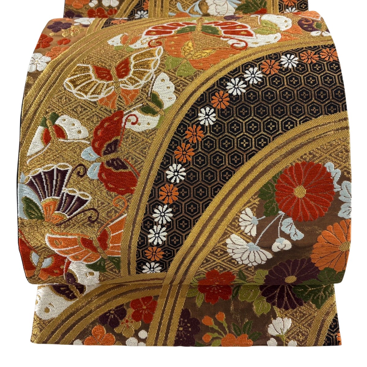 袋帯 逸品 河合美術織物 落款あり 蝶 草花 金糸 唐織 黒 六通 正絹 【中古】
