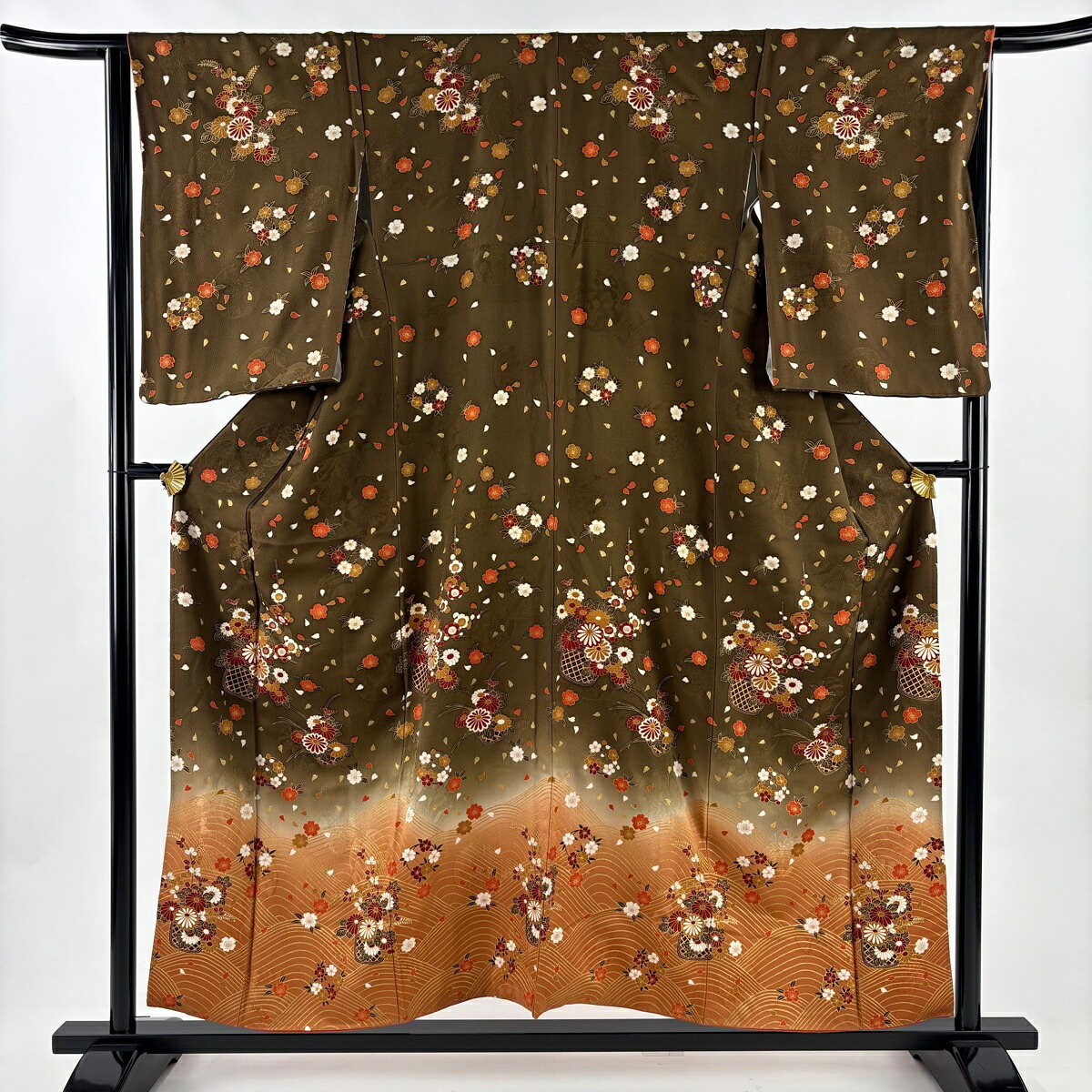 訪問着 身丈155cm 裄丈64.5cm M 袷 花籠 桜 金彩 ぼかし 茶色 正絹 秀品 【中古】