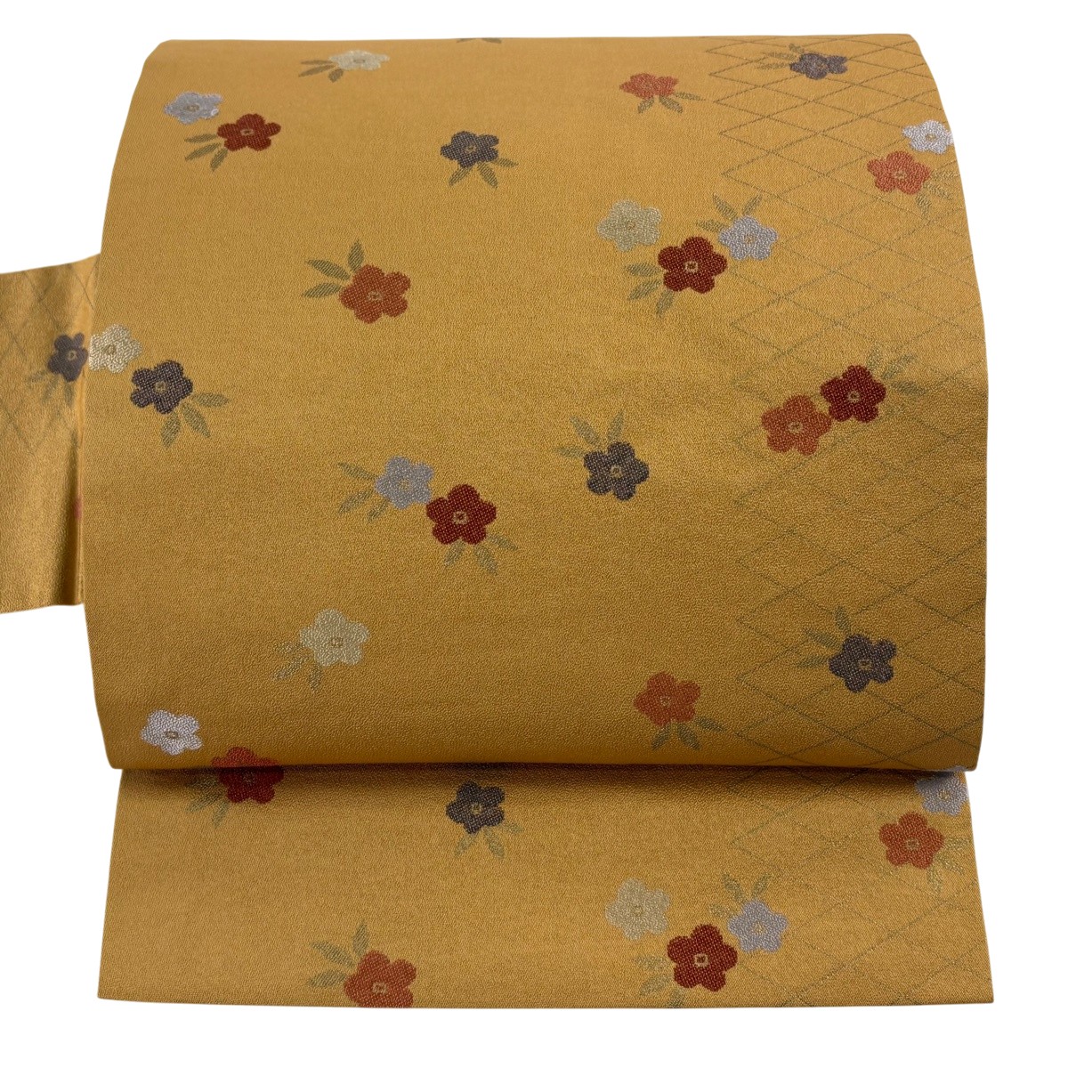 【美品】 名古屋帯 秀品 梅 斜め格子 箔 山吹茶色 正絹 【中古】