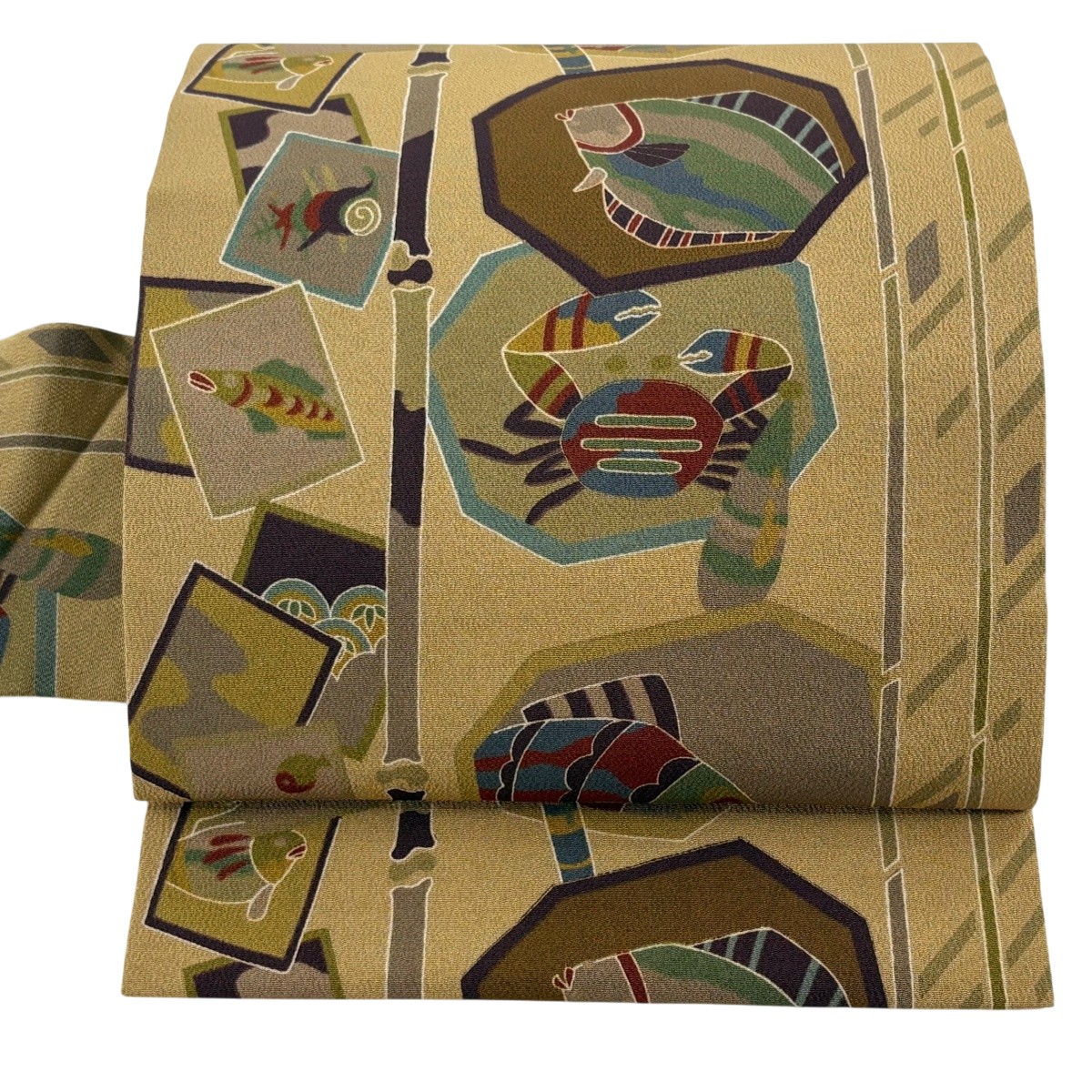 【美品】 名古屋帯 秀品 魚 甲殻類 縮緬 薄茶色 正絹 【中古】