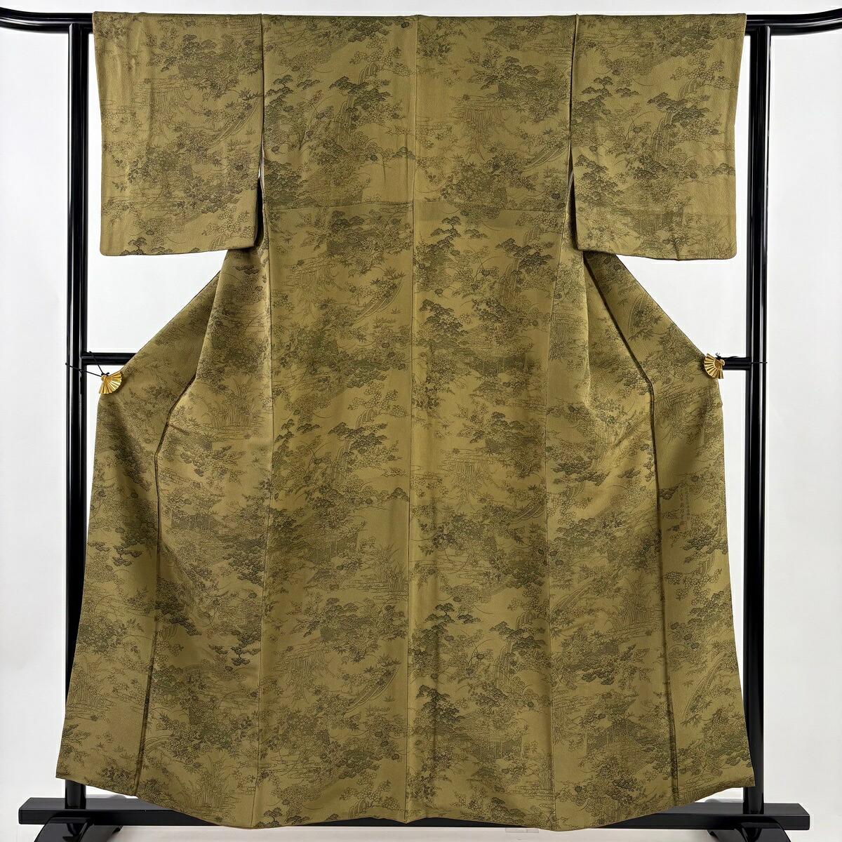 小紋 身丈158.5cm 裄丈62.5cm S 袷 南部幸雄 落款あり 草花 流水 茶緑色 正絹 秀品 【中古】