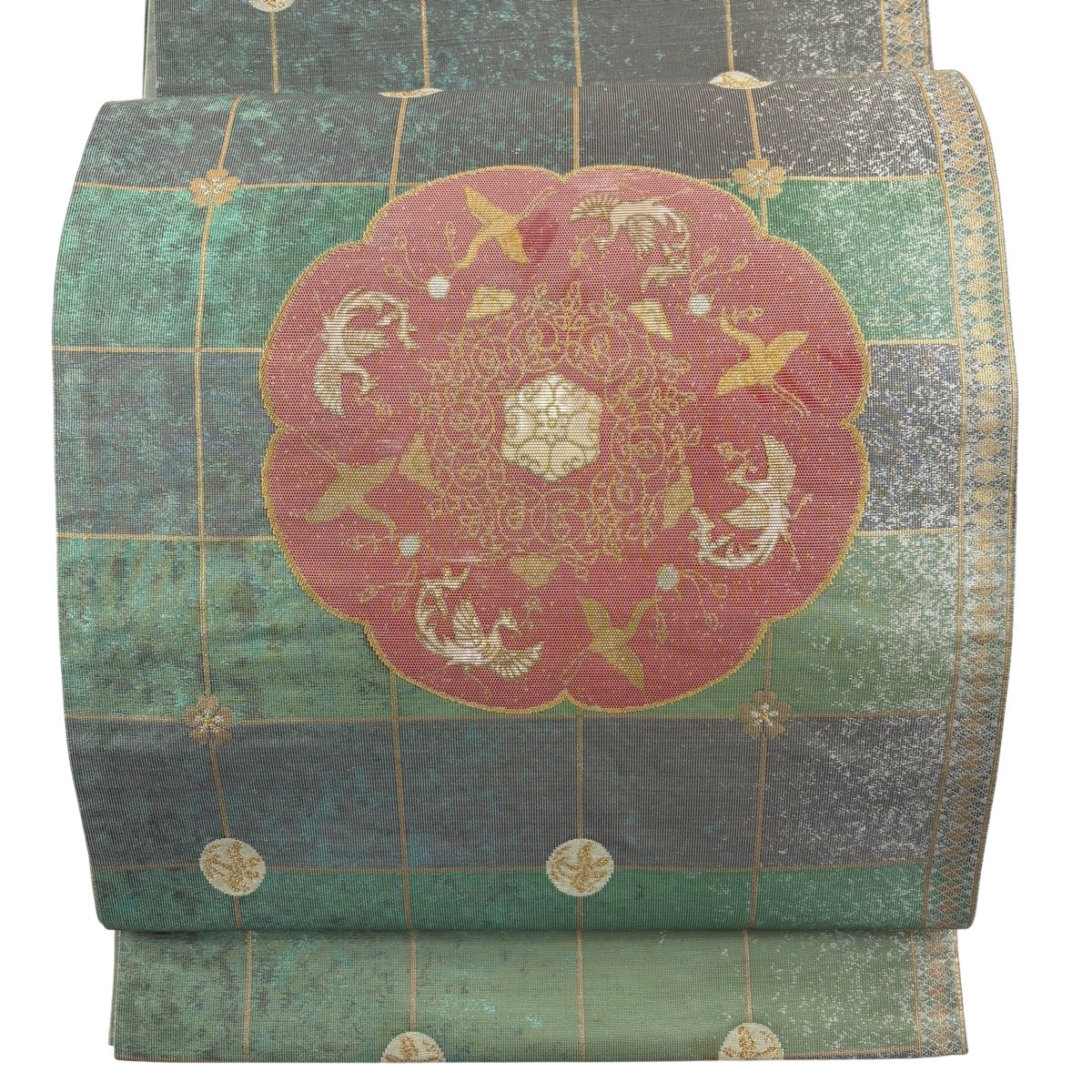 袋帯 名品 華文 鳥 金銀彩 緑 六通 正絹 【中古】 9,936円