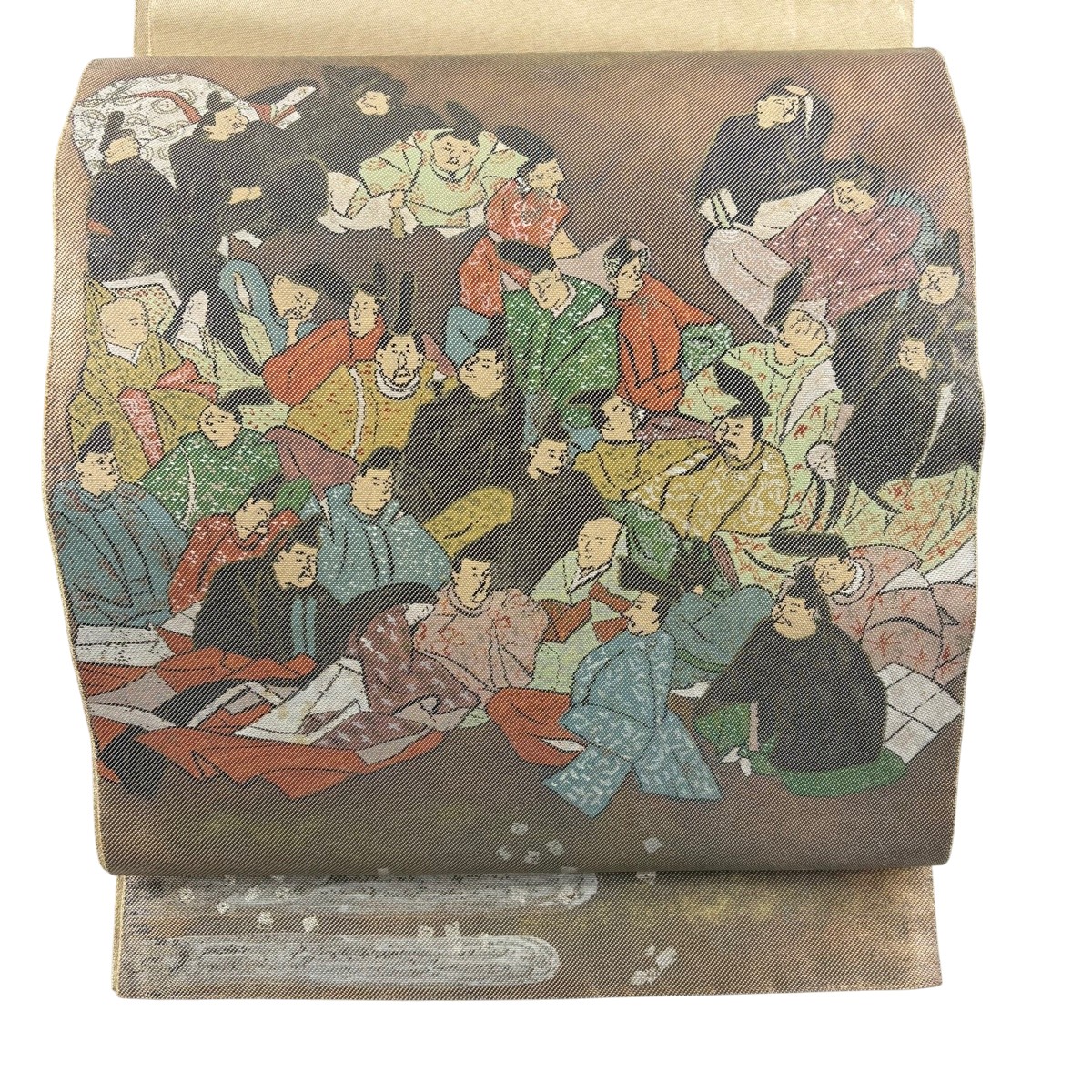 袋帯 名品 人物 霞 箔 茶色 お太鼓柄 正絹 【中古】