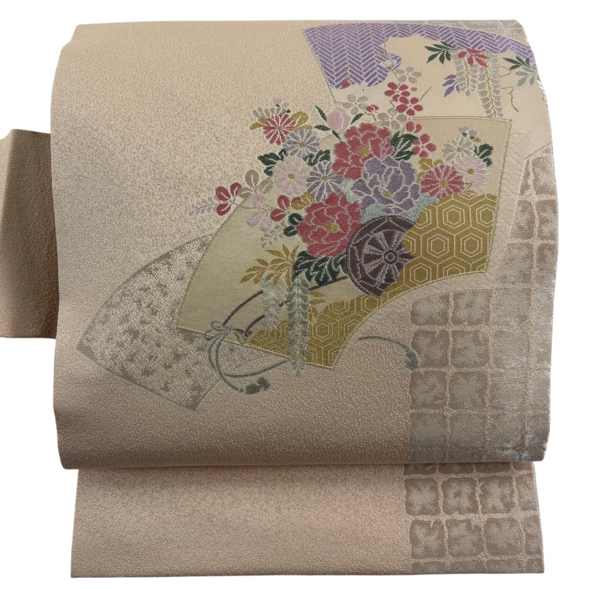 【美品】 名古屋帯 秀品 扇面 花車 金銀糸 箔 薄オレンジ 正絹 【中古】 msp50