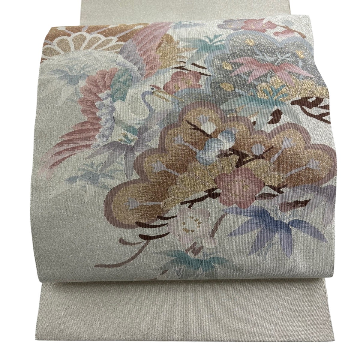 【美品】 名古屋帯 秀品 八寸名古屋帯 松竹梅 鳥 金銀糸 クリーム 正絹 【中古】 msp50