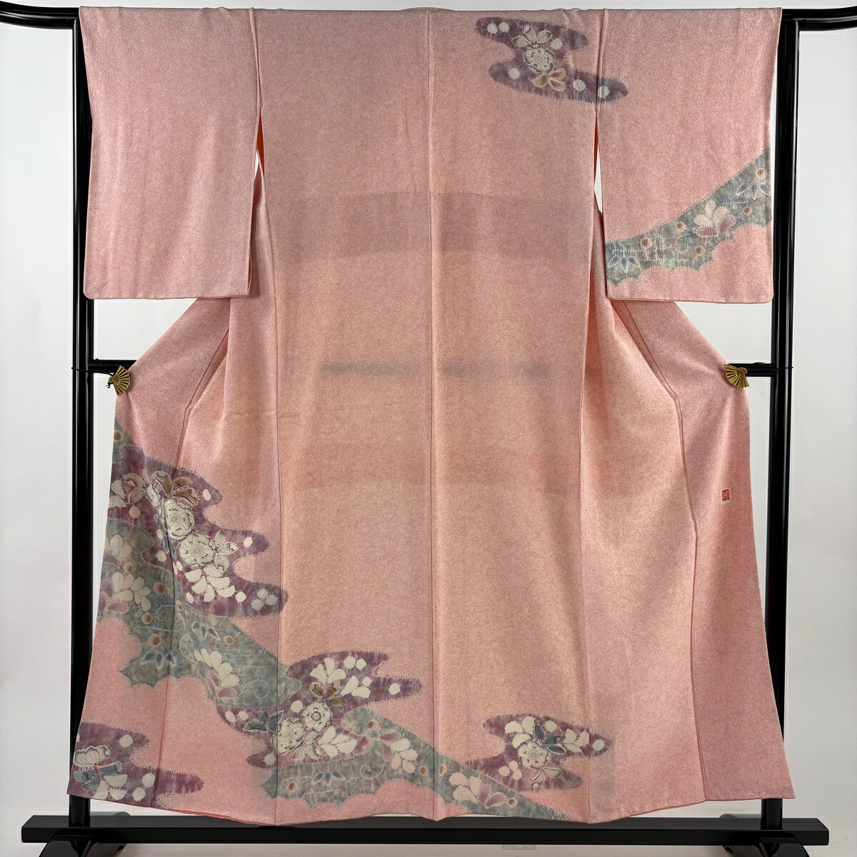 訪問着 身丈154cm 裄丈64cm M 袷 滝泰 落款あり 辻が花柄 ヱ霞 絞り ピンク 正絹 名品 【中古】