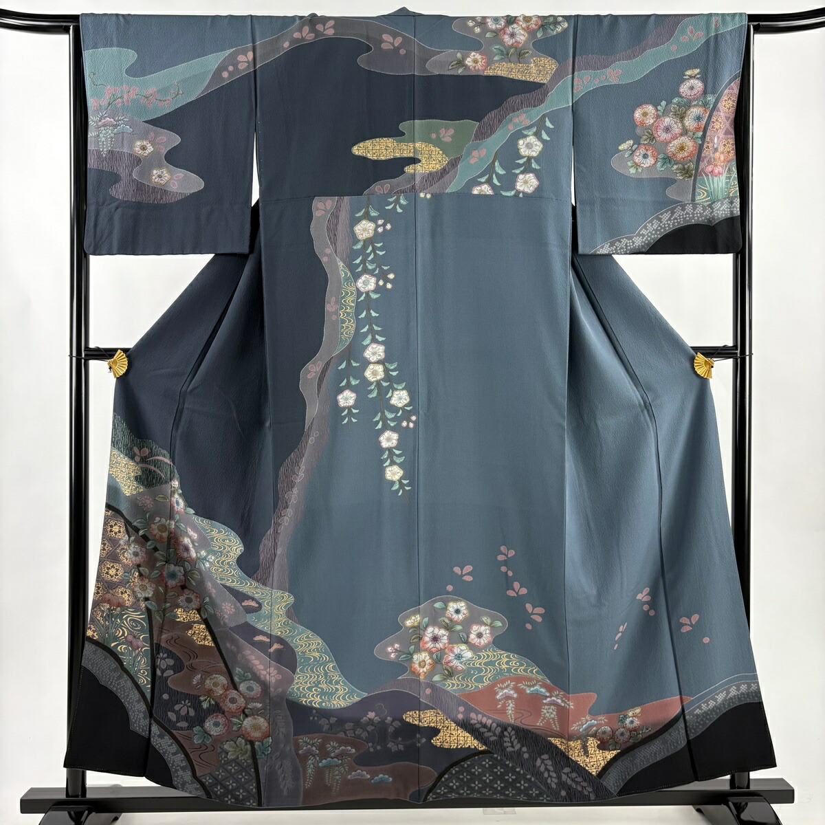 訪問着 身丈156.5cm 裄丈65.5cm M 袷 桜 流水 金彩 青灰色 正絹 名品 【中古】