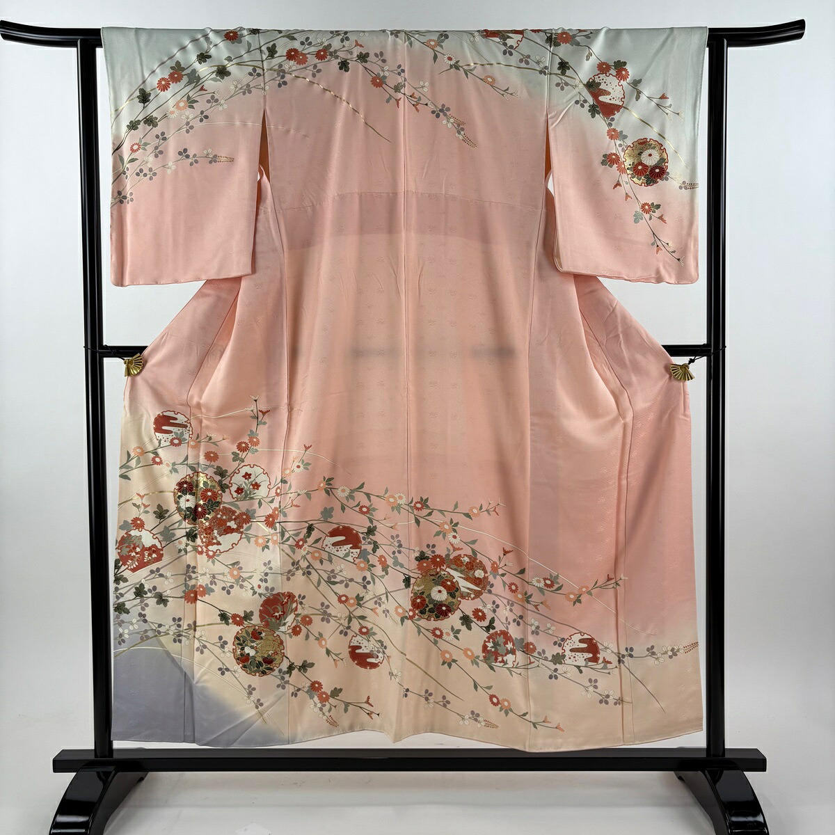 訪問着 身丈155cm 裄丈64cm M 袷 雪輪 草花 金彩 ぼかし ピンク 正絹 秀品 【中古】