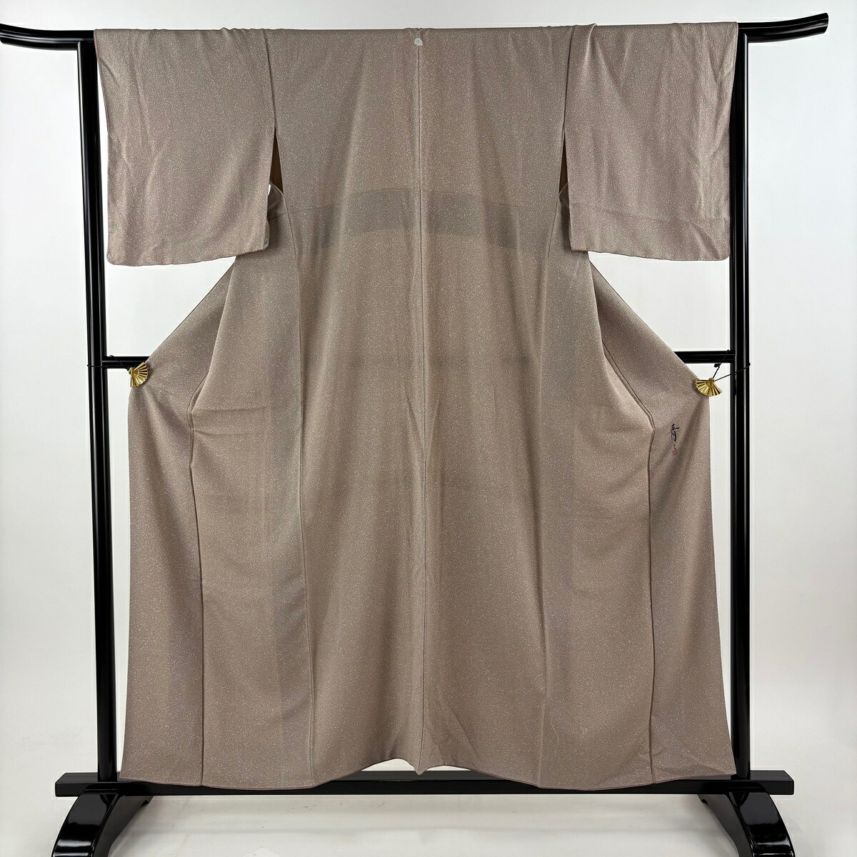 小紋 身丈157.5cm 裄丈65.5cm M 袷 松井青々 バチ衿 落款あり 幾何学模様 縮緬 薄小豆 正絹 秀品 一つ紋 【中古】