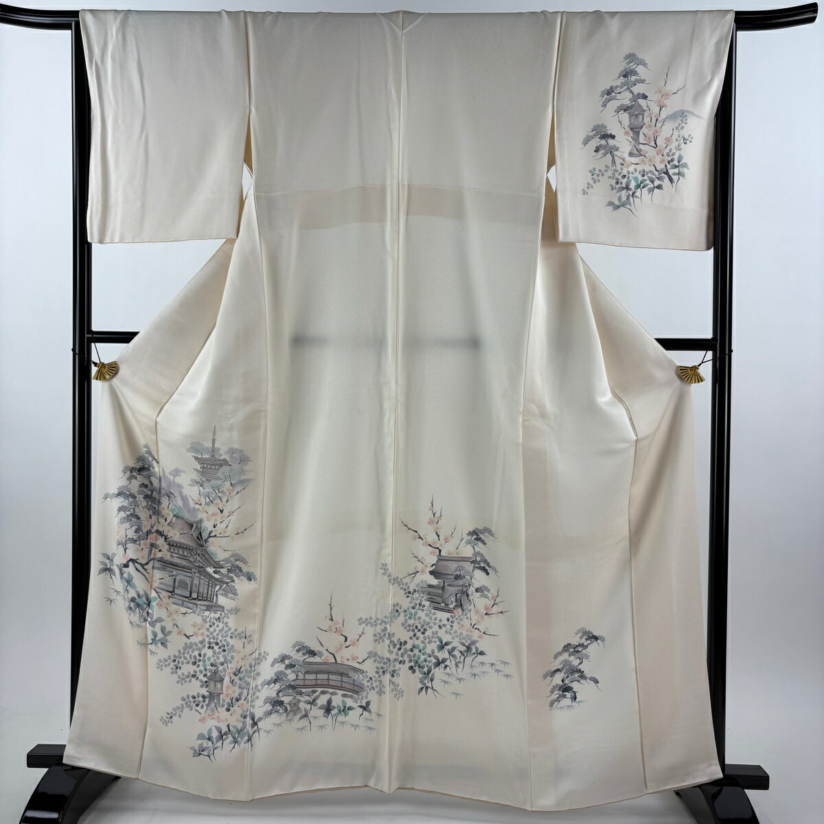 【美品】 付下げ 身丈163cm 裄丈66cm M 袷 建物 松竹梅 ぼかし クリーム 正絹 秀品 【中古】