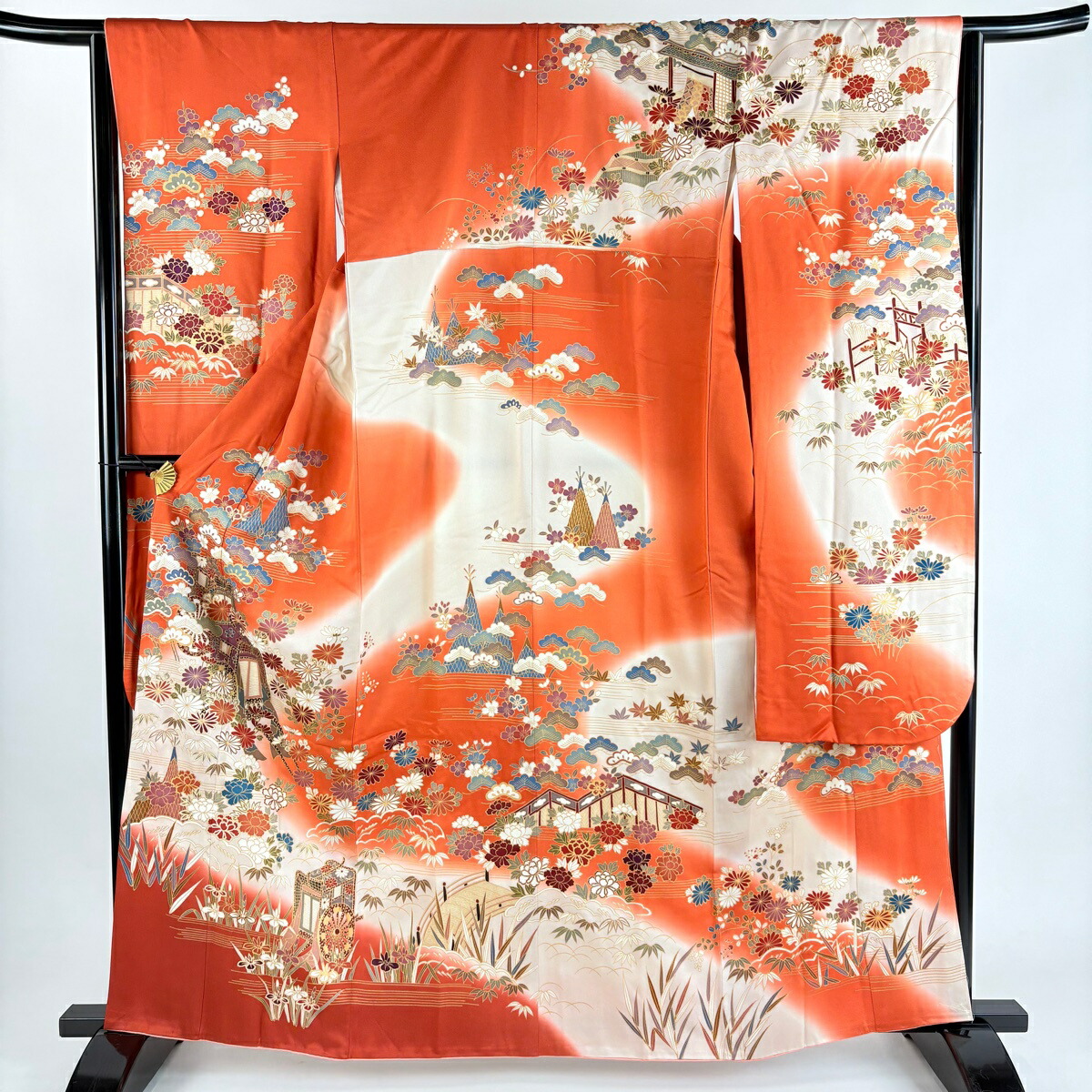 振袖 身丈162.5cm 裄丈66cm M 袷 御所車 草花 金彩 ぼかし 朱色 正絹 秀品 【中古】