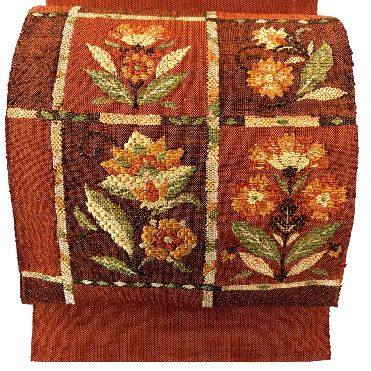 【美品】 名古屋帯 秀品 松葉仕立て 八寸名古屋帯 草花 赤茶 正絹 【中古】 msp50