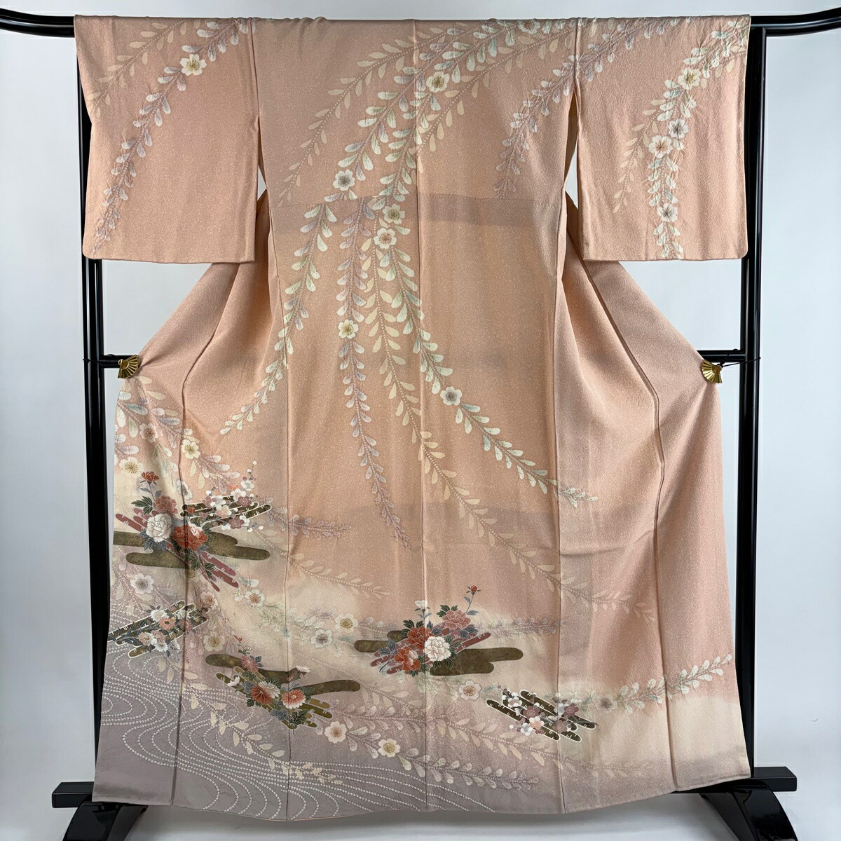 訪問着 身丈162.5cm 裄丈66cm M 袷 花筏 流水 金銀彩 絞り ピンク 正絹 秀品 【中古】