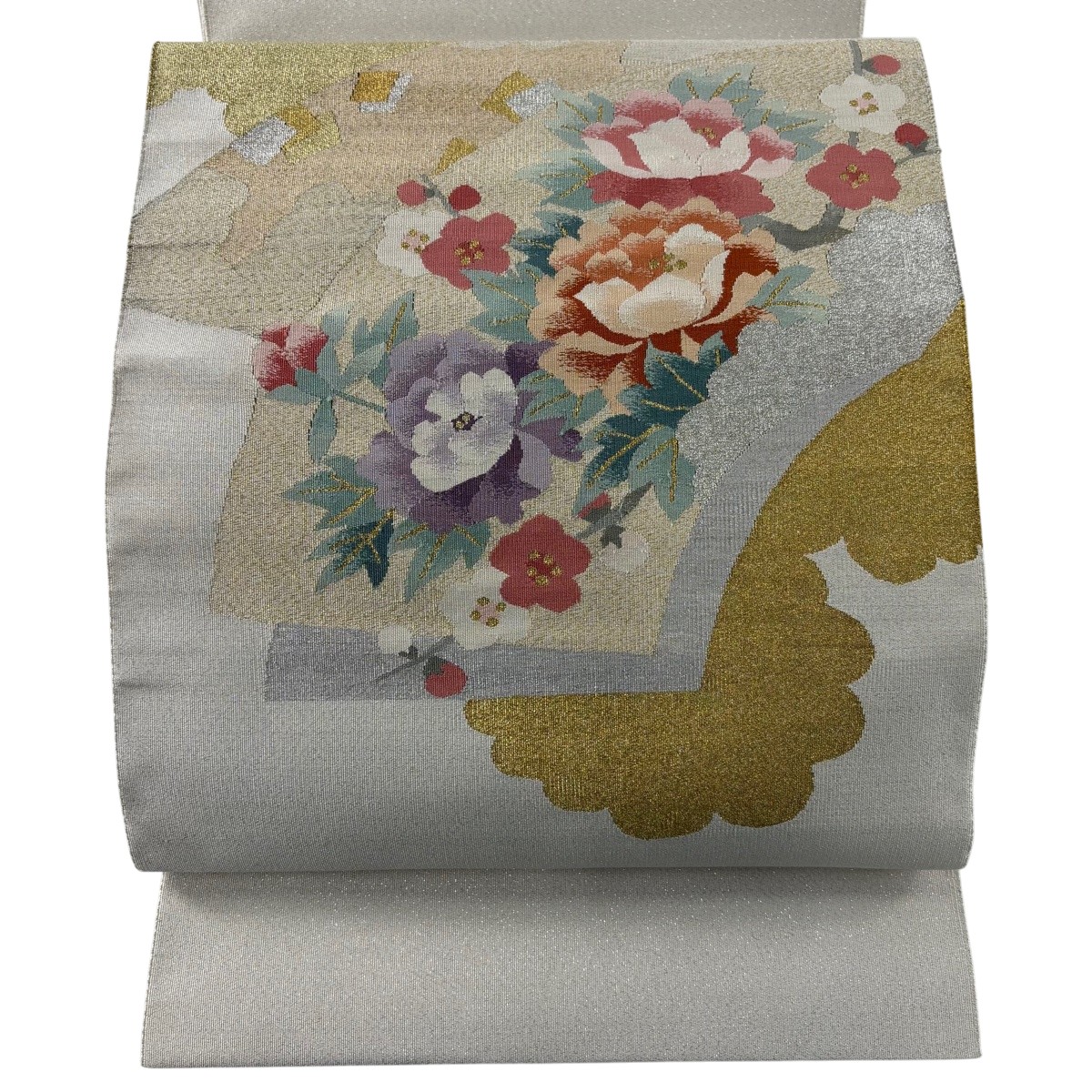 【美品】 名古屋帯 秀品 八寸名古屋帯 松葉仕立て 扇面 牡丹 金銀糸 ベージュ 正絹 【中古】 msp50