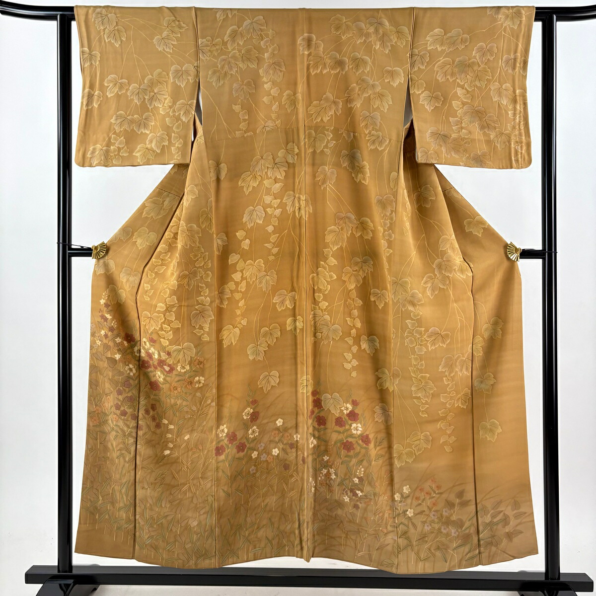 訪問着 身丈153cm 裄丈61cm S 袷 草花 金彩 茶色 正絹 秀品 【中古】