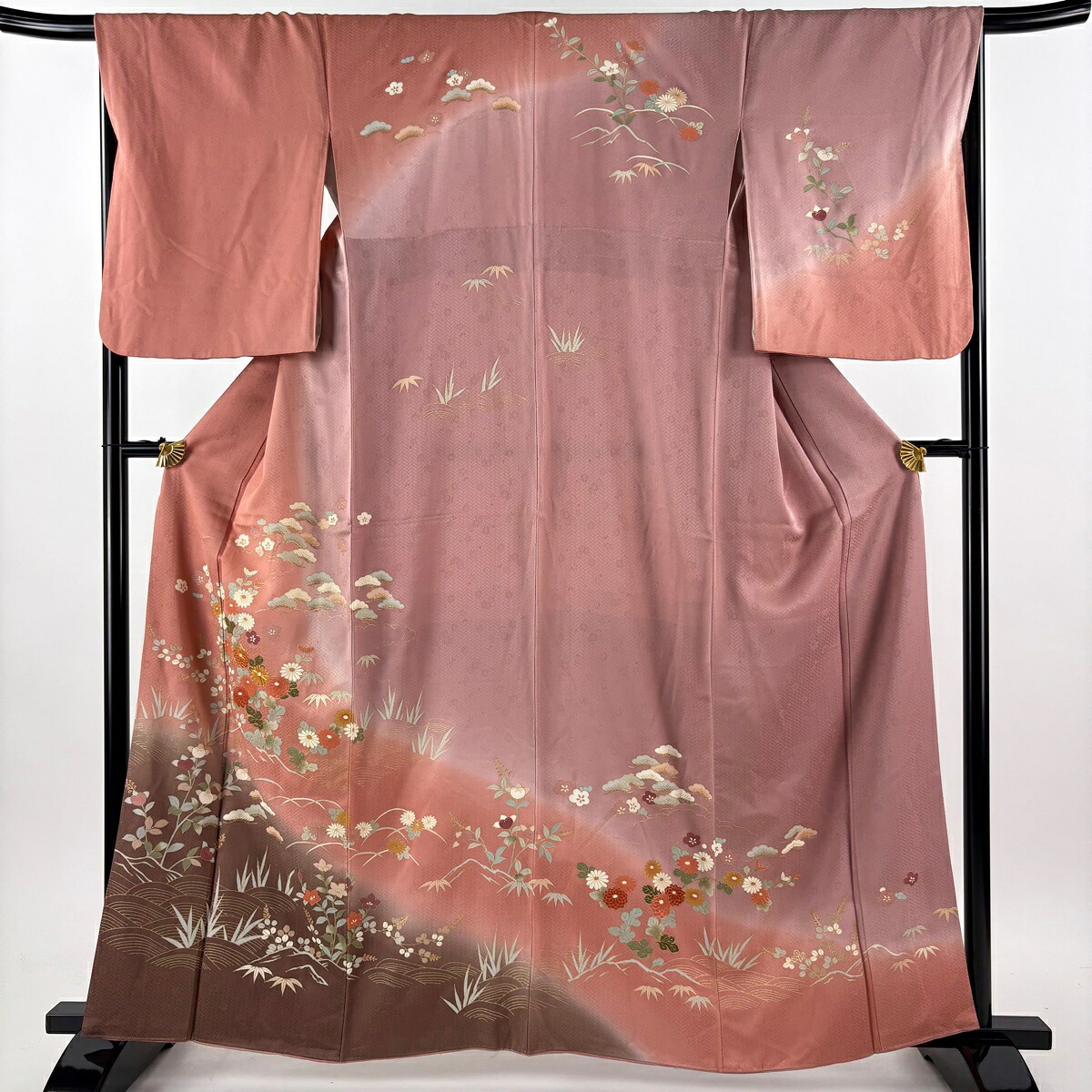 訪問着 身丈161cm 裄丈66.5cm M 袷 松竹梅 菊 金糸 金彩 ピンクベージュ 正絹 秀品 【中古】