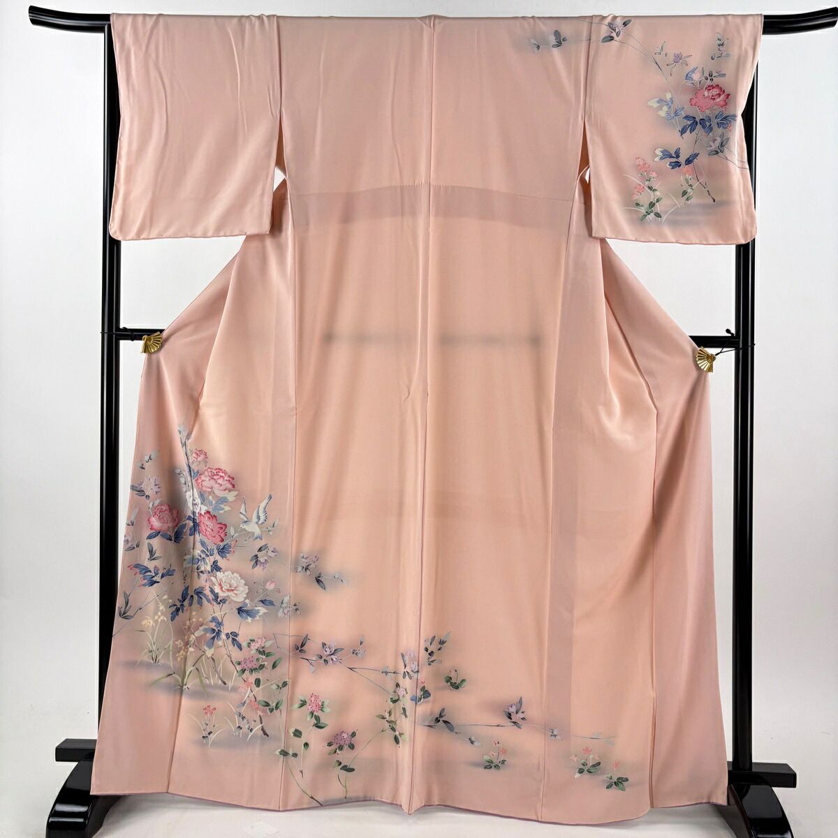 訪問着 身丈165.5cm 裄丈67cm M 袷 草花 鳥 ぼかし ピンク 正絹 秀品 【中古】