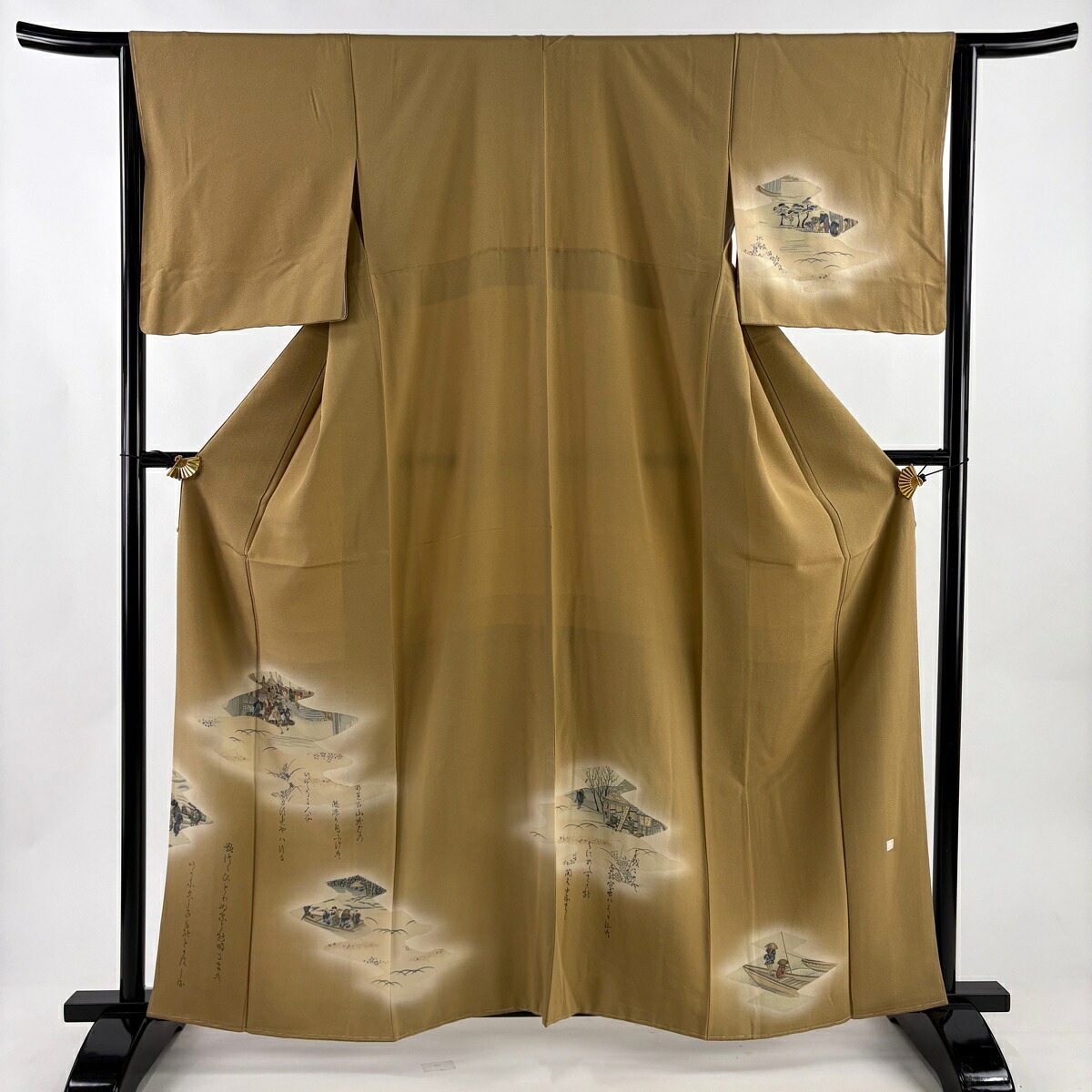 【美品】 付下げ 身丈161cm 裄丈64cm M 袷 落款あり 人物 文字 金銀彩 ぼかし 薄茶色 正絹 秀品 【中古】