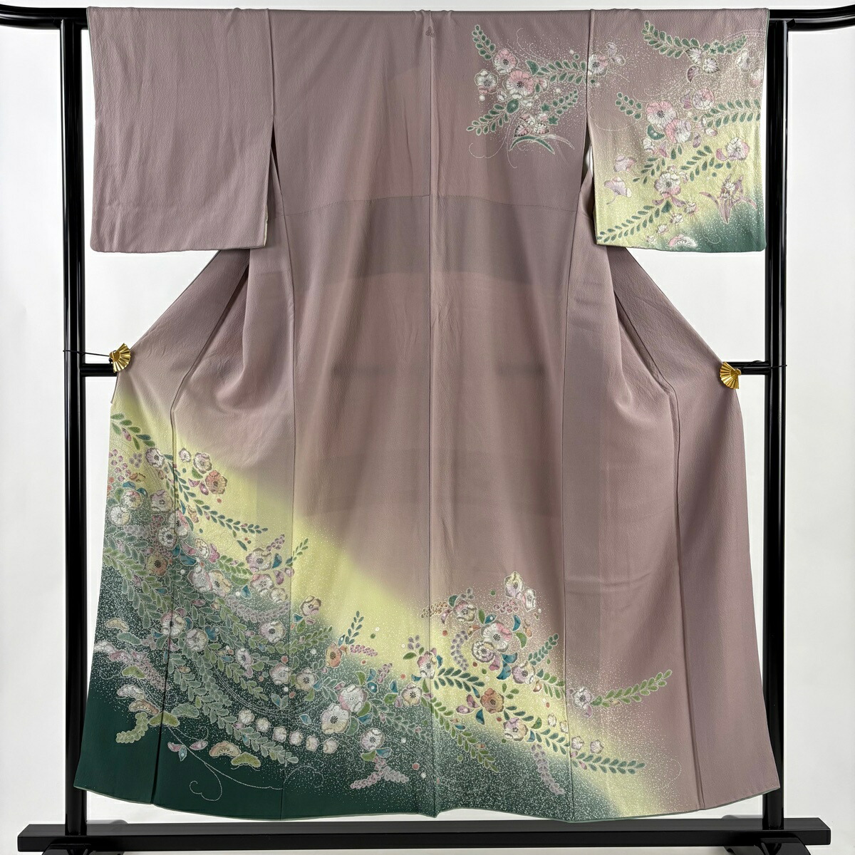 訪問着 身丈152cm 裄丈62.5cm S 袷 辻が花柄 金彩 染め分け 灰紫 正絹 秀品 一つ紋 【中古】