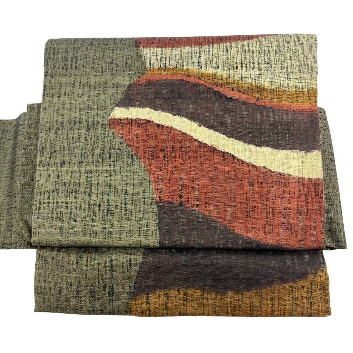 【美品】付け帯 秀品 作り帯 やまと 幾何学模様 茶緑色 正絹 【中古】 msp50