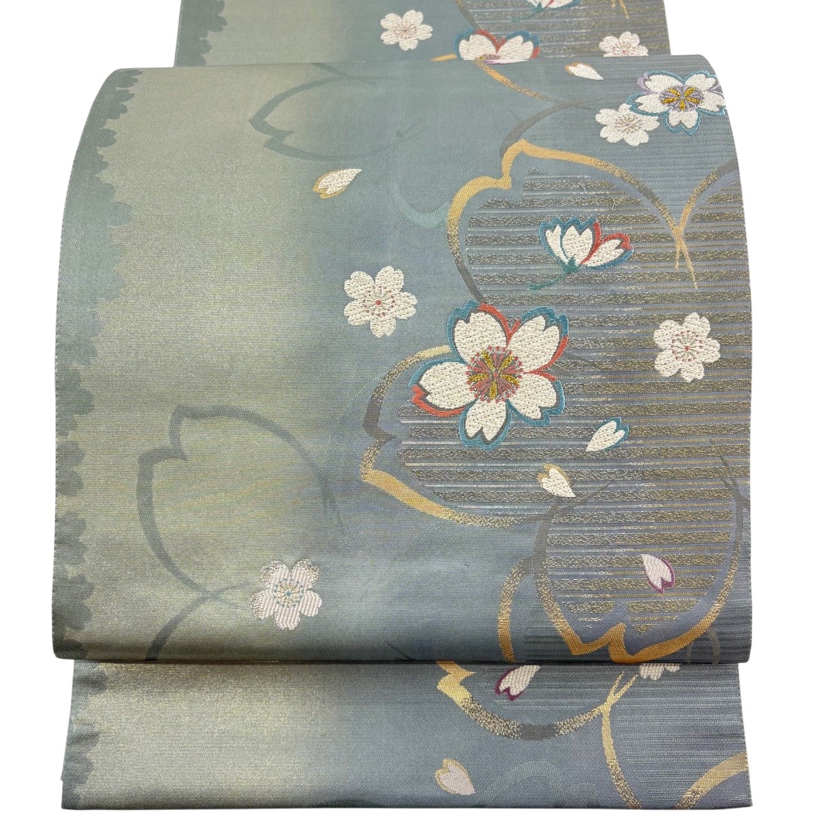 袋帯 秀品 やまと 桜 花びら 金銀糸 箔 青灰色 六通 正絹 【中古】