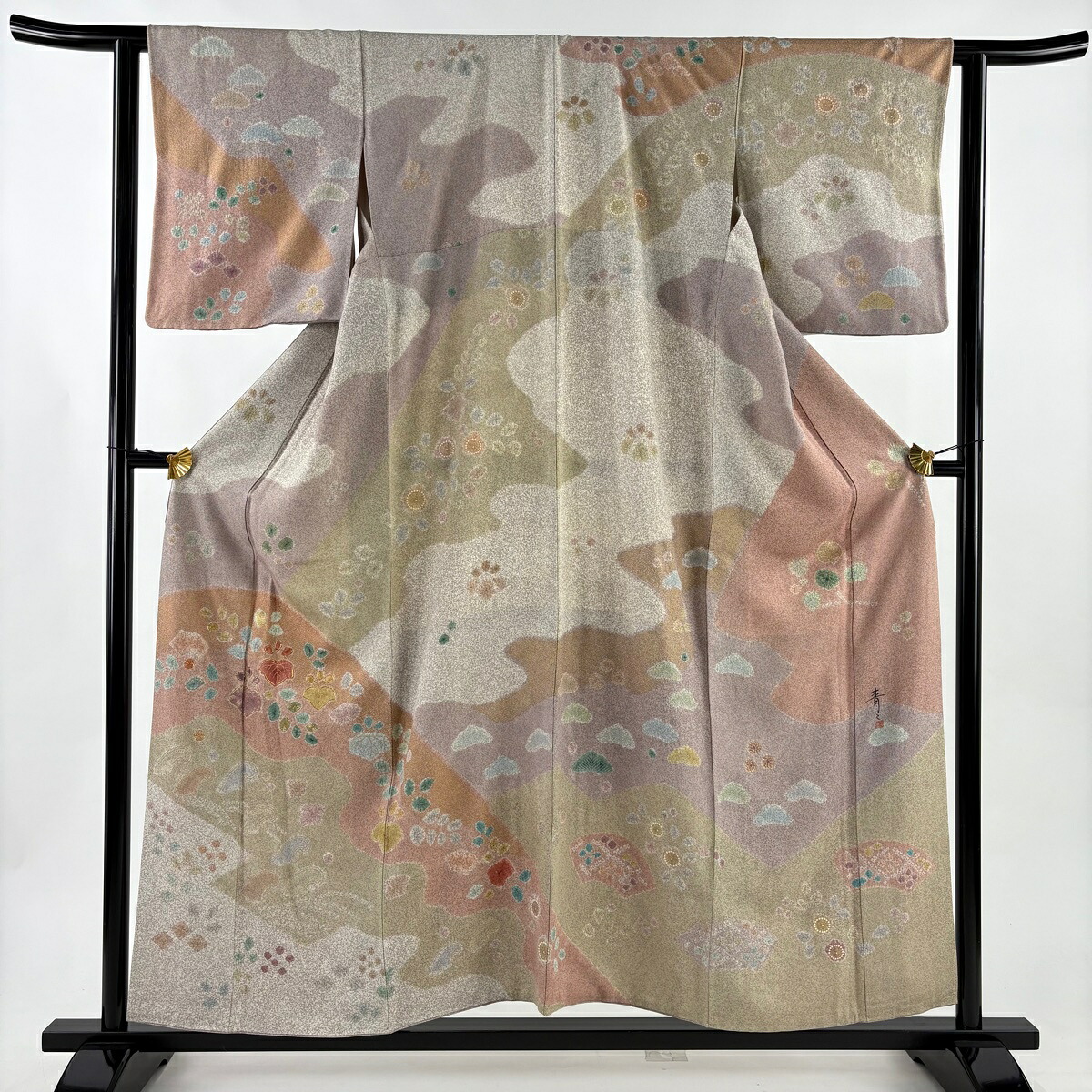 【美品】 訪問着 身丈157cm 裄丈62cm S 袷 松井青々 落款あり 桐 千鳥 金彩 絞り 灰茶 正絹 逸品 【中古】
