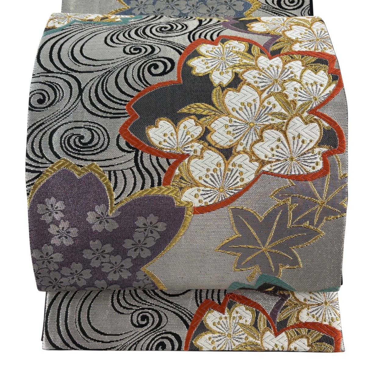 袋帯 秀品 桜 流水 金銀糸 箔 銀色 六通 正絹 【中古】