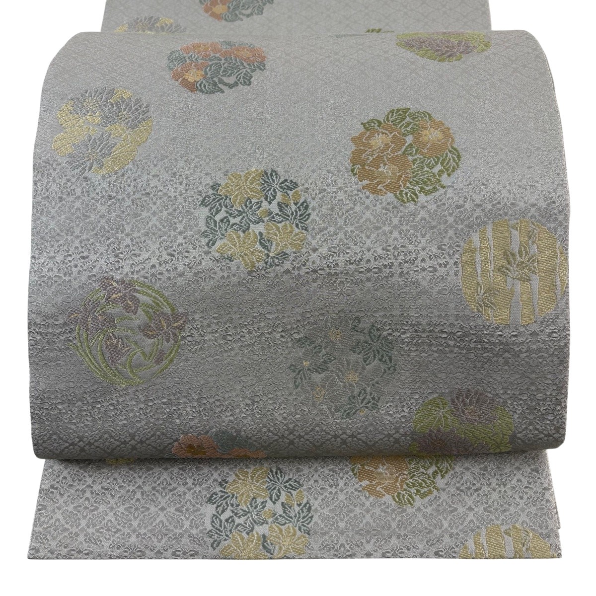 袋帯 名品 箔屋清兵衛 落款あり 草花 箔 草木染 灰色 六通 正絹 【中古】