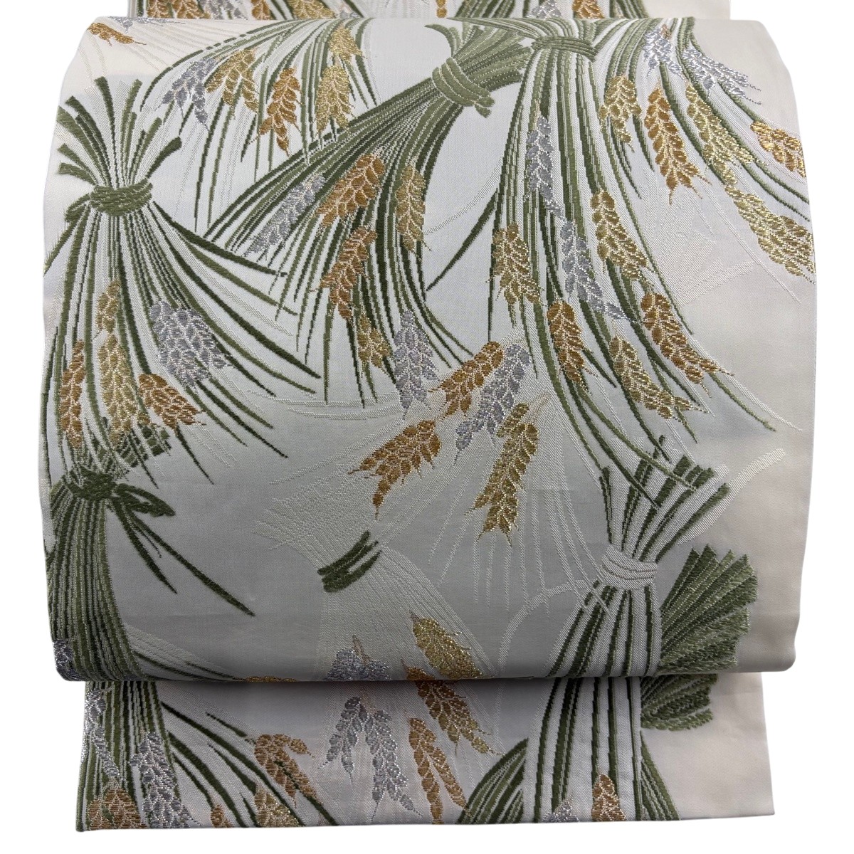 【美品】 袋帯 逸品 山口美術織物 落款あり 翁祖稲棚文 刺繍 金銀糸 ベージュ お太鼓柄 正絹 【中古】