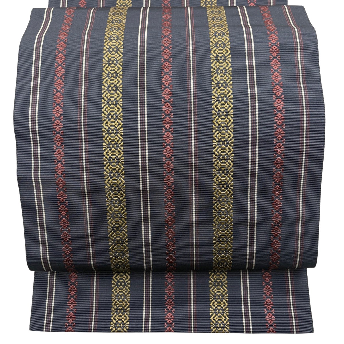【美品】 名古屋帯 逸品 八寸名古屋帯 松葉仕立て 縞 幾何学模様 青黒 正絹 【中古】 msp50