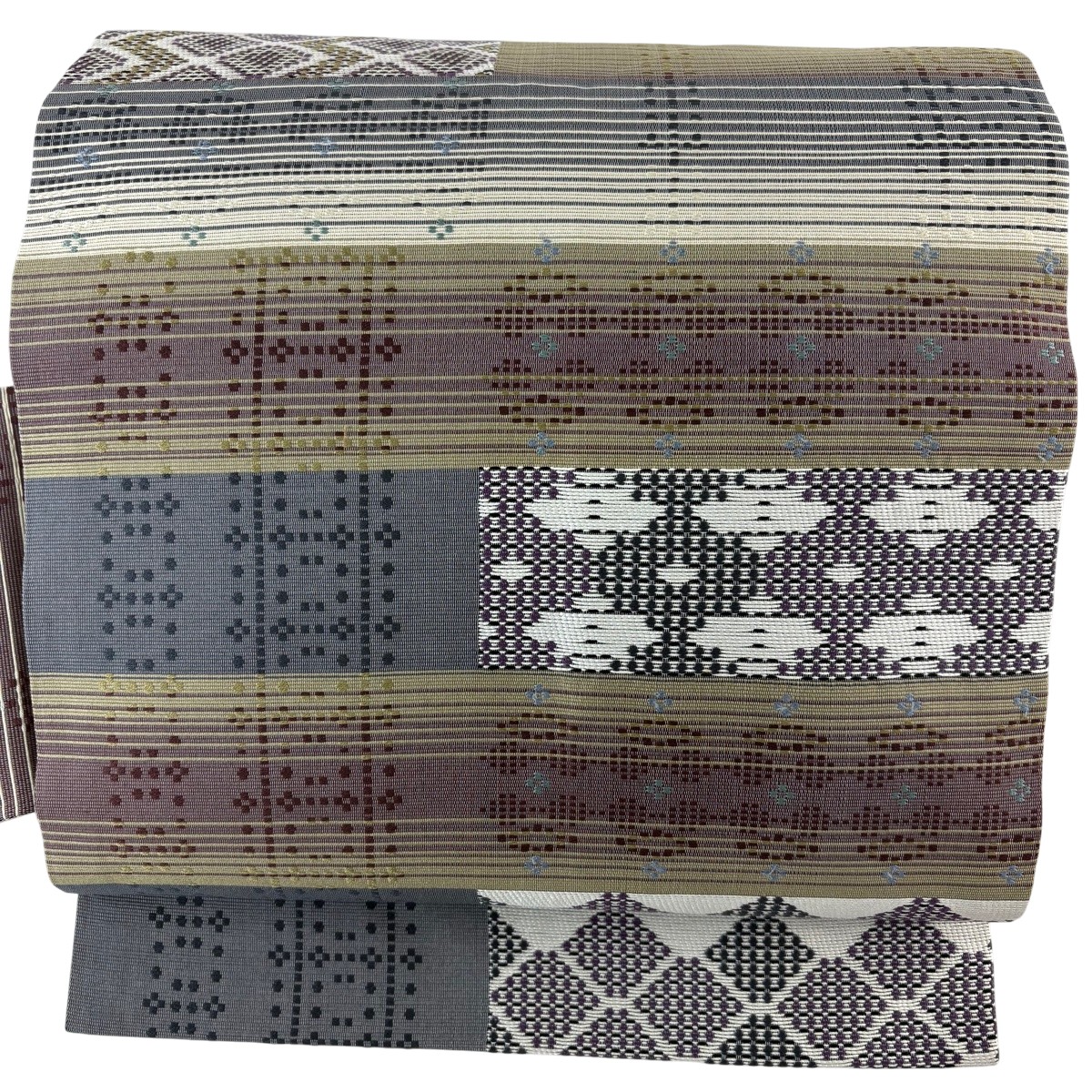 【美品】 名古屋帯 名品 縞 菱 灰色 正絹 【中古】