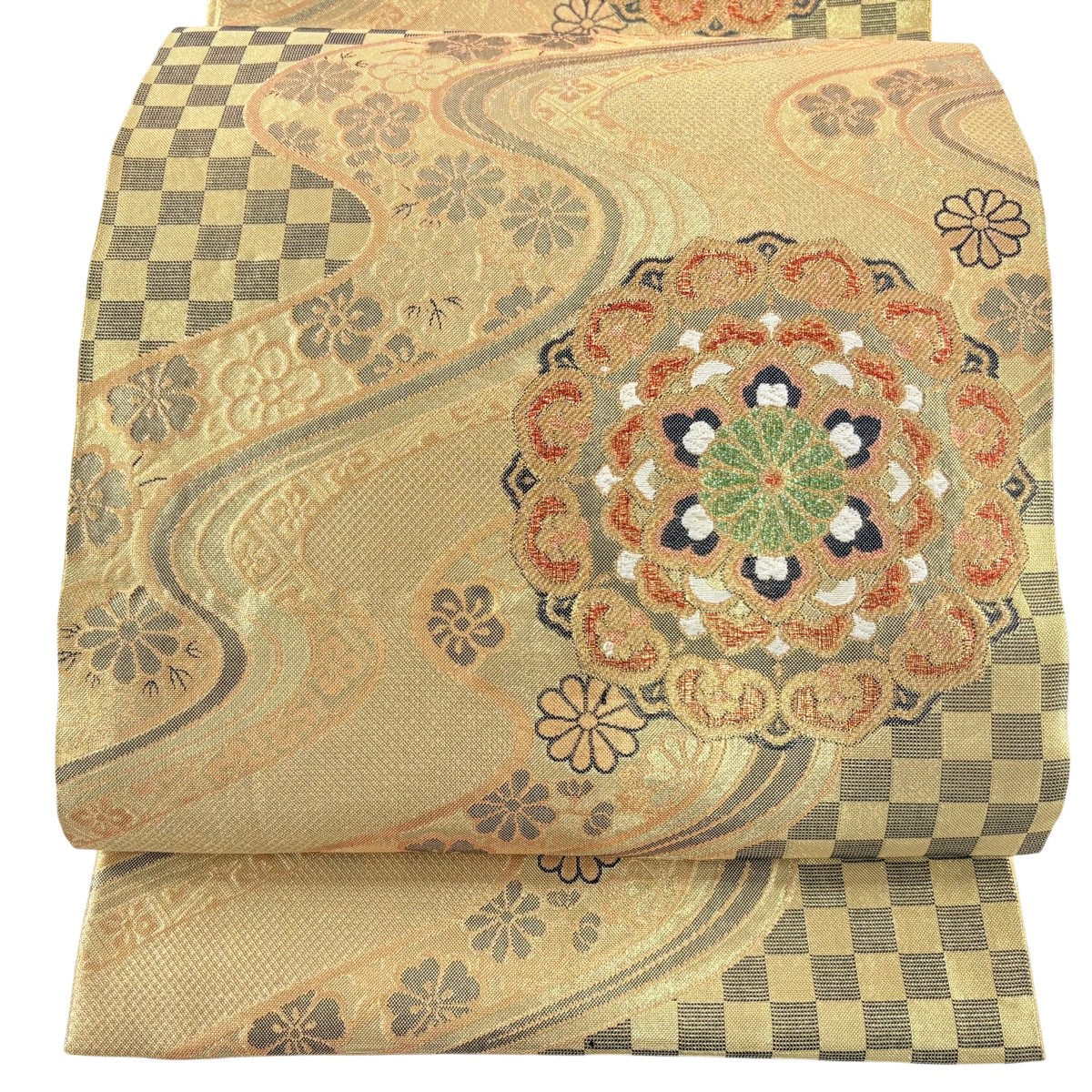 袋帯 秀品 華文 流水 金糸 箔 金色 六通 正絹 【中古】