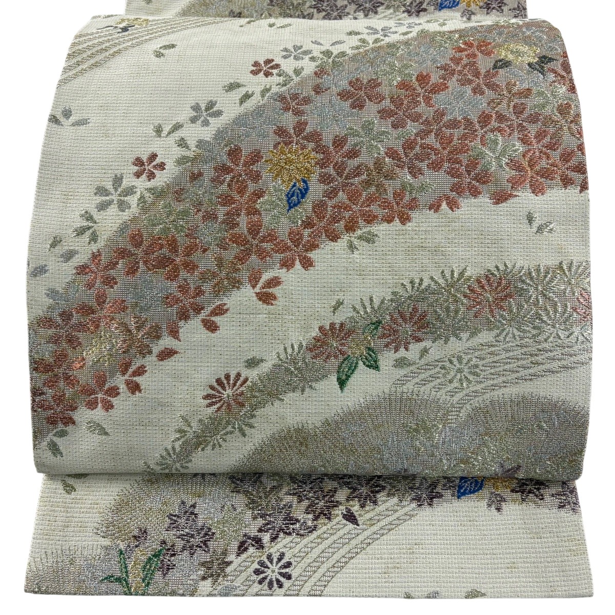 袋帯 秀品 桜 菊 金銀糸 灰色 六通 正絹 【中古】 4,828円