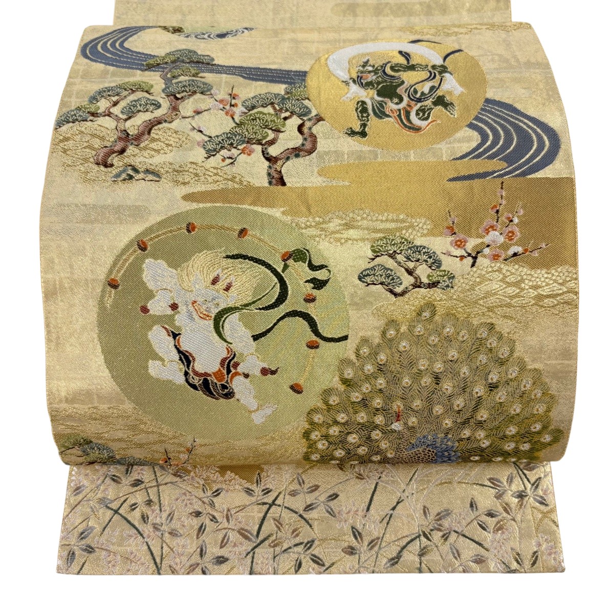 袋帯 逸品 風神雷神 孔雀 金銀糸 刺繍 金色 お太鼓柄 正絹 【中古】