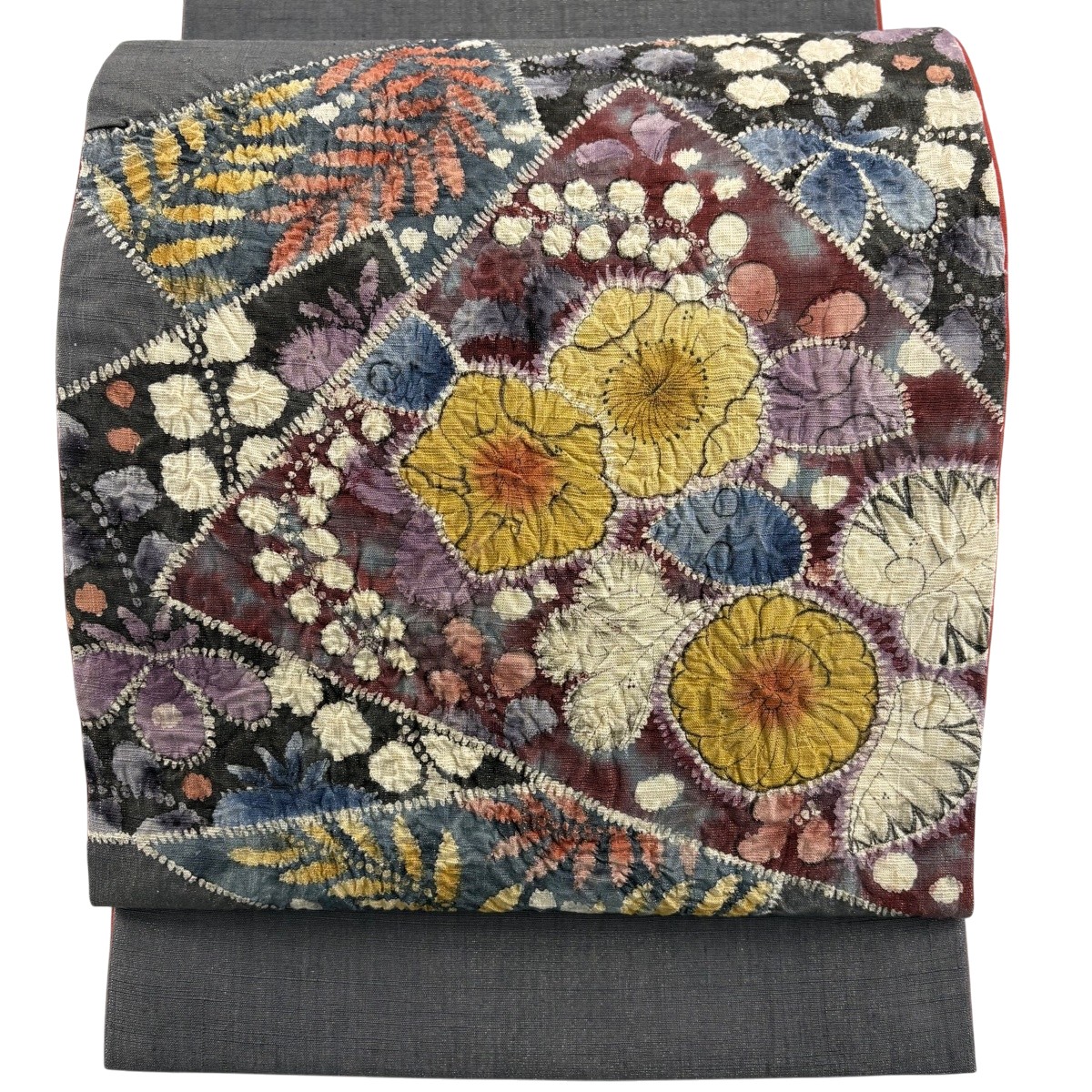 【美品】 袋帯 名品 紬地 辻が花 金通し 灰色 お太鼓柄 正絹 【中古】 msp50