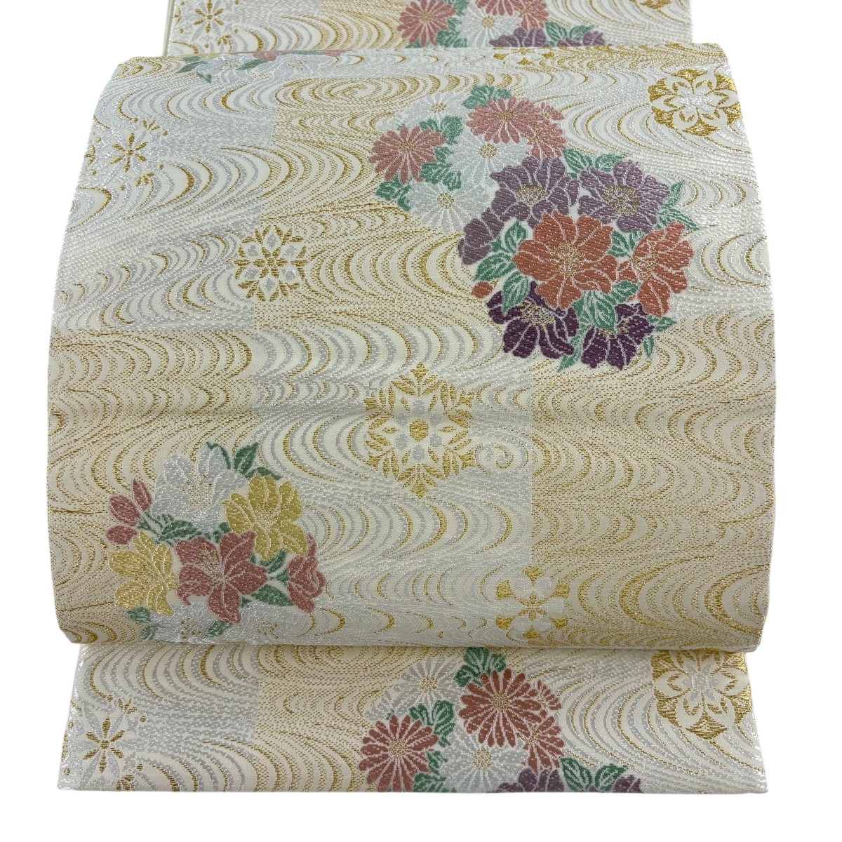 袋帯 名品 花丸文 華文 刺繍 金糸 ベージュ 六通 正絹 【中古】