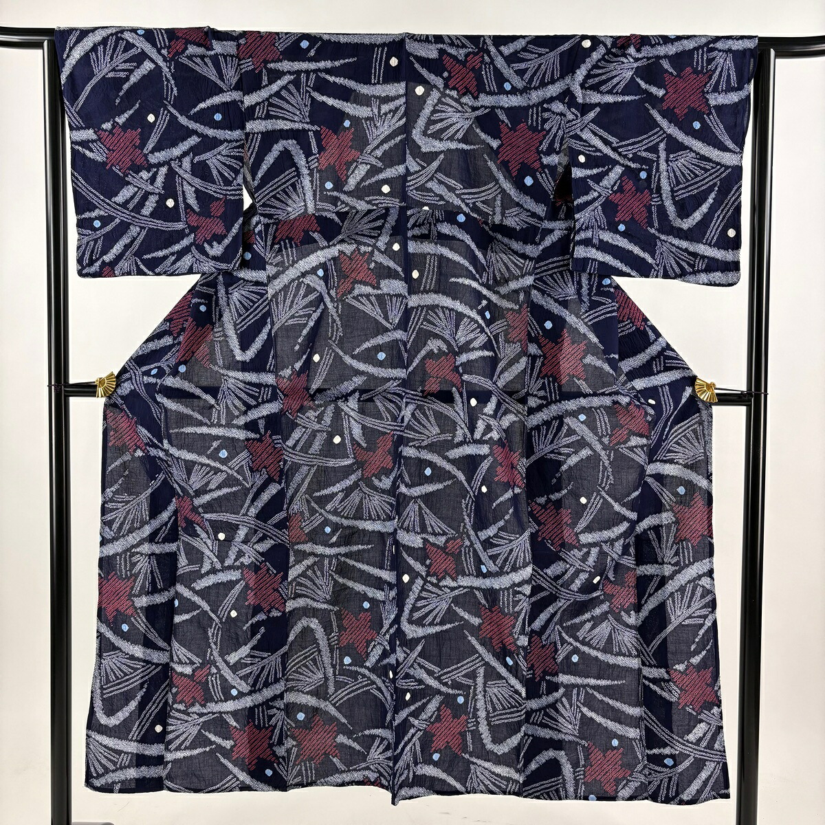 【美品】浴衣 身丈147cm 裄丈64.5cm M 絞り浴衣 葉柄 濃紺 綿 名品 【中古】 msp50