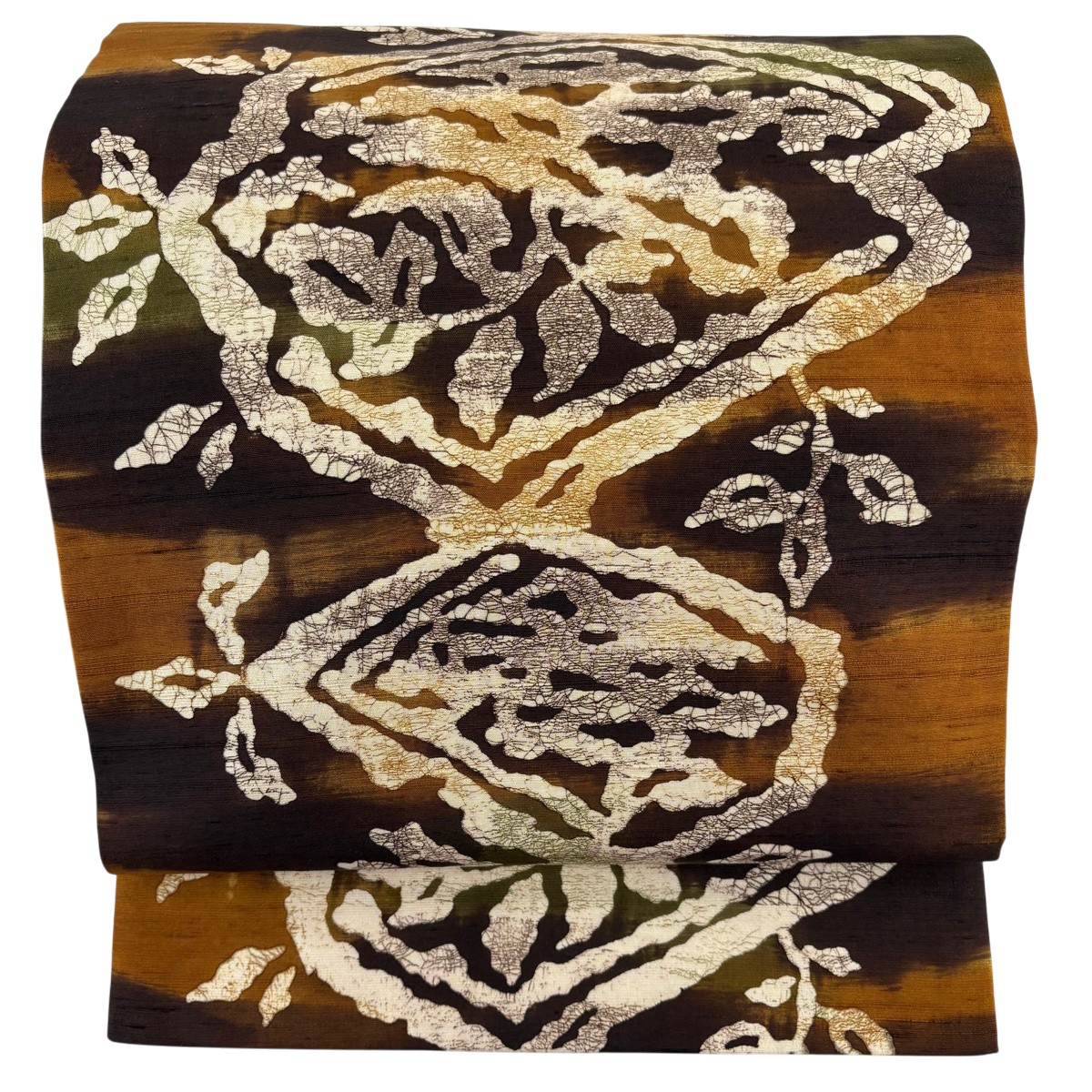 【美品】 名古屋帯 秀品 紬地 葉 霞 焦茶色 正絹 【中古】 msp50
