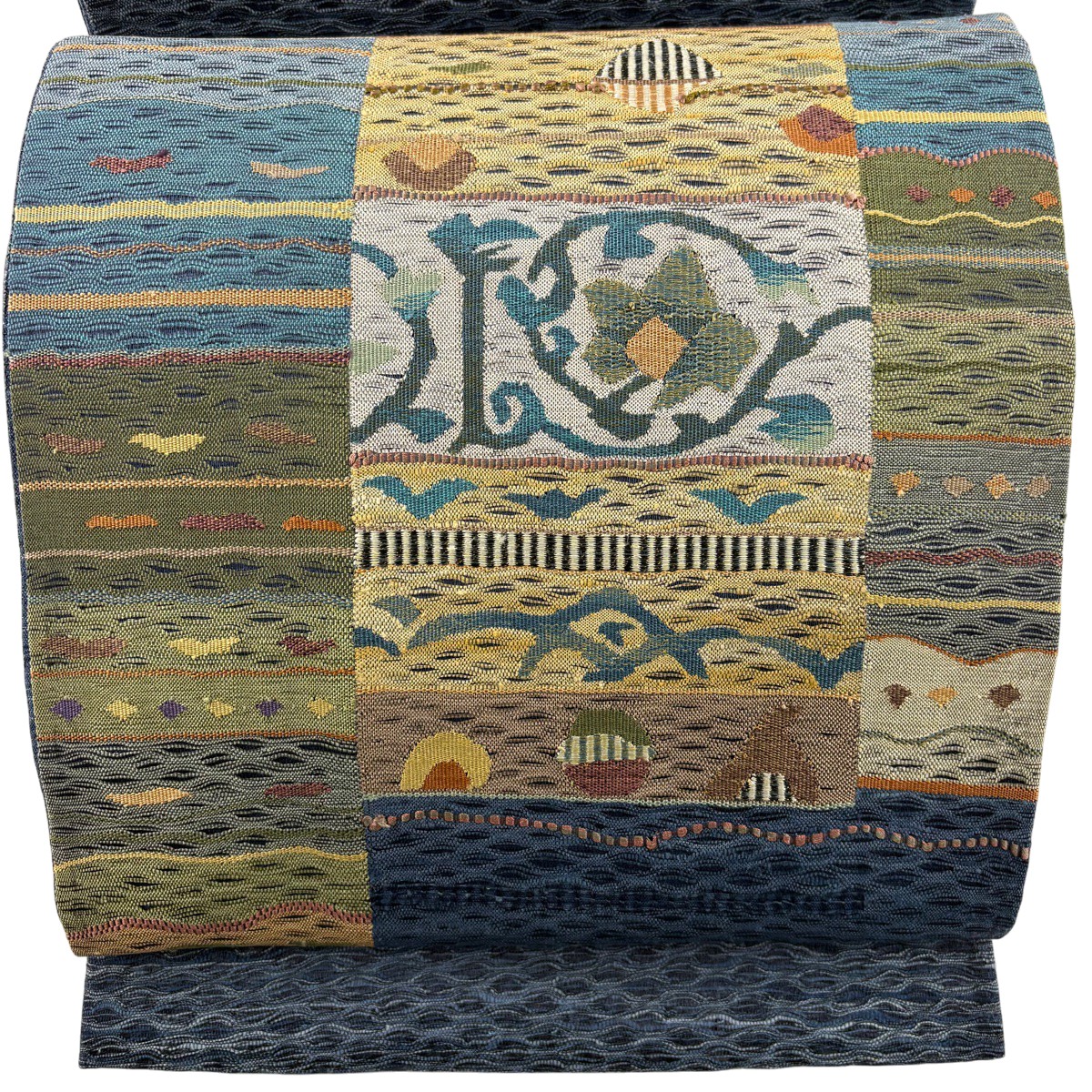 袋帯 秀品 夏帯 花唐草 幾何学 金糸 紺色 お太鼓柄 正絹 【中古】 msp50