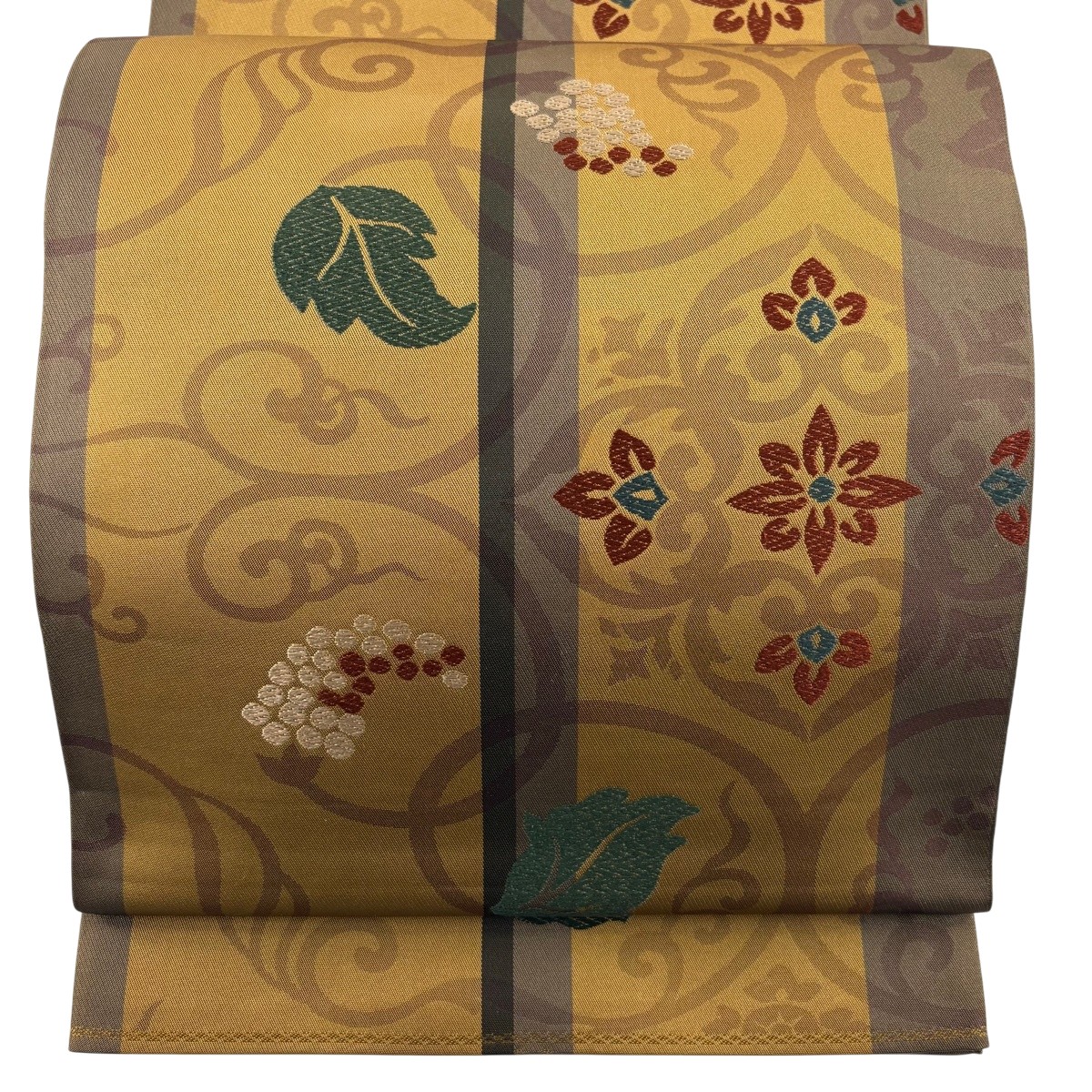 袋帯 秀品 葡萄唐草 花 茶色 全通 正絹 【中古】