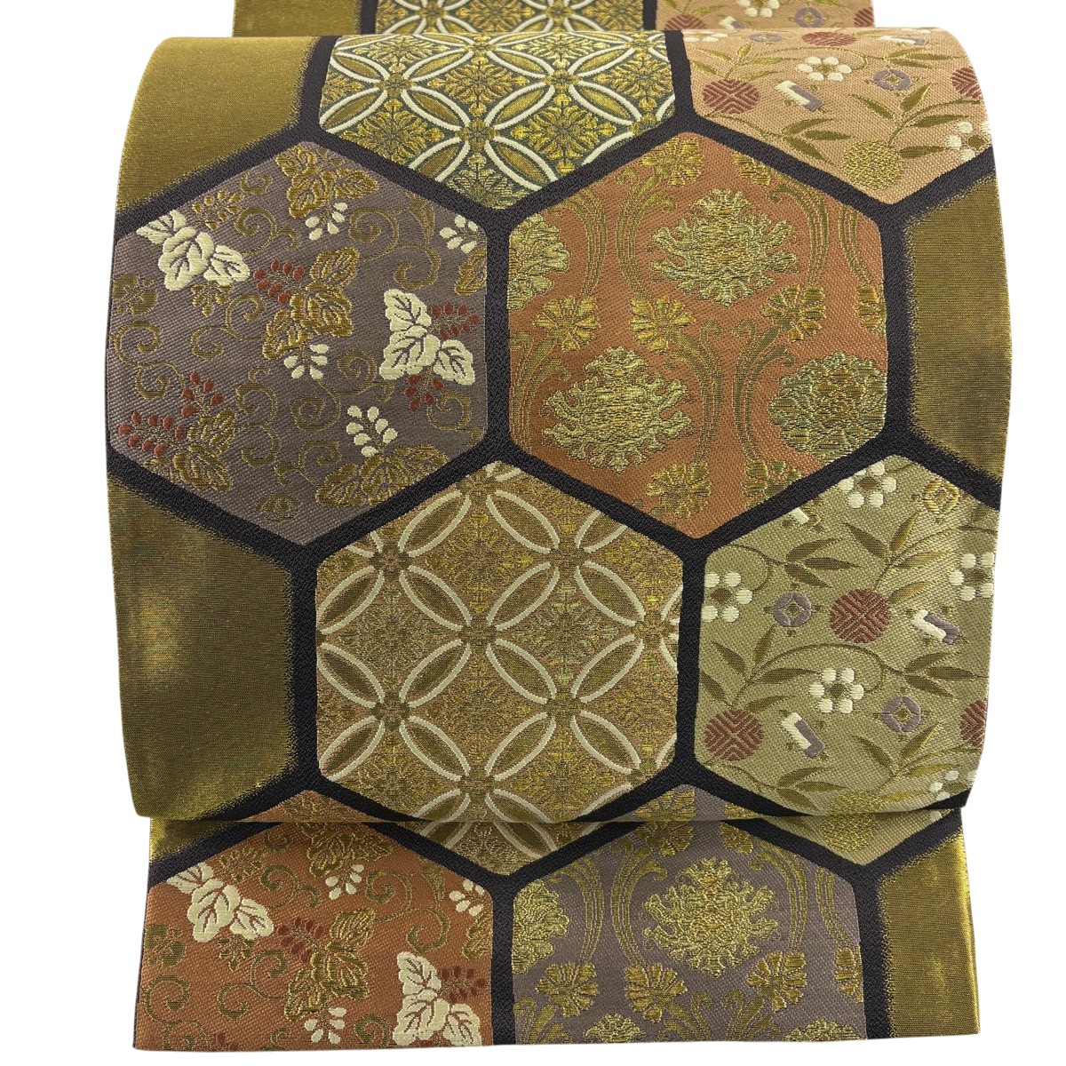 【美品】 袋帯 名品 落款あり 本家加納 亀甲 草花 金糸 箔 金色 六通 正絹 【中古】 msp50