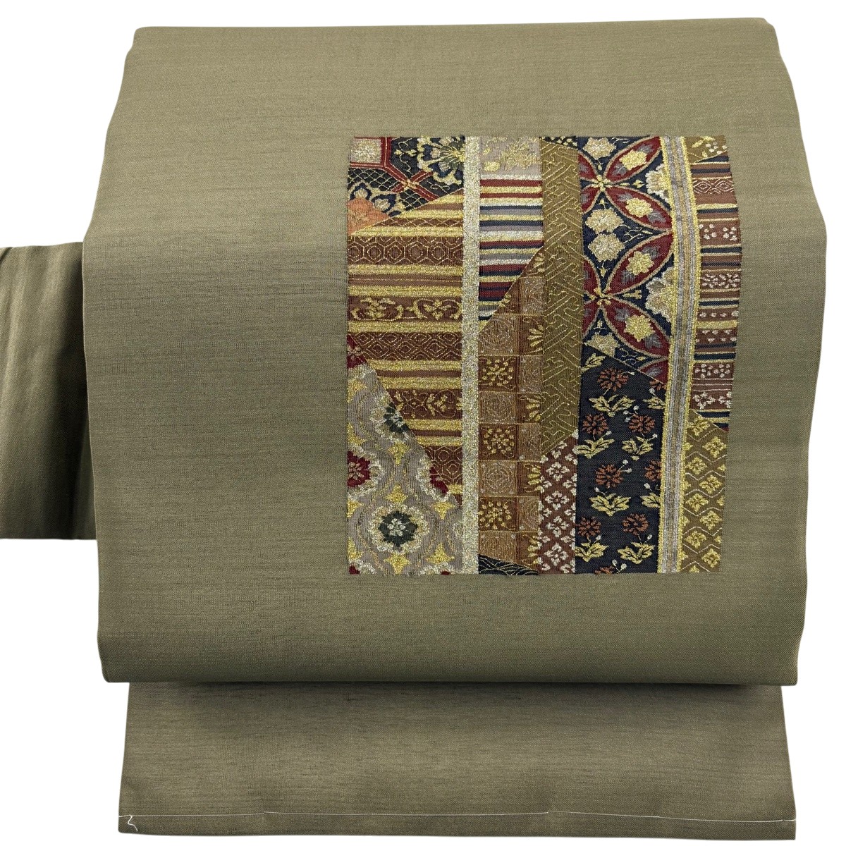 【美品】 名古屋帯 名品 華文 草花 金銀糸 茶緑色 正絹 【中古】