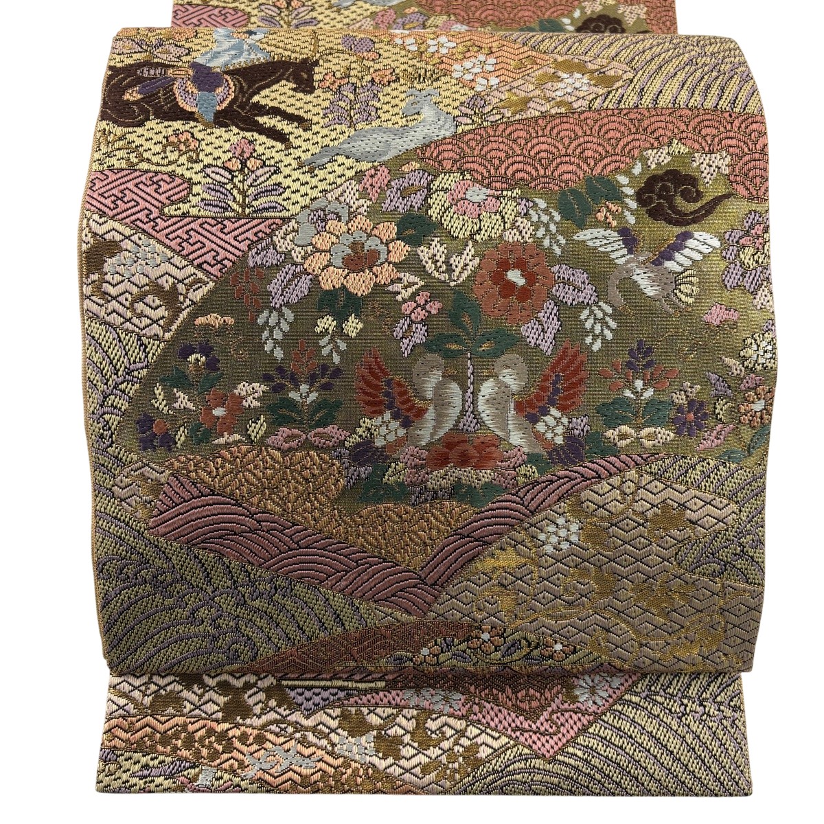 【美品】 袋帯 名品 狩猟文 花鳥 金糸 箔 薄茶色 全通 正絹 【中古】 msp50