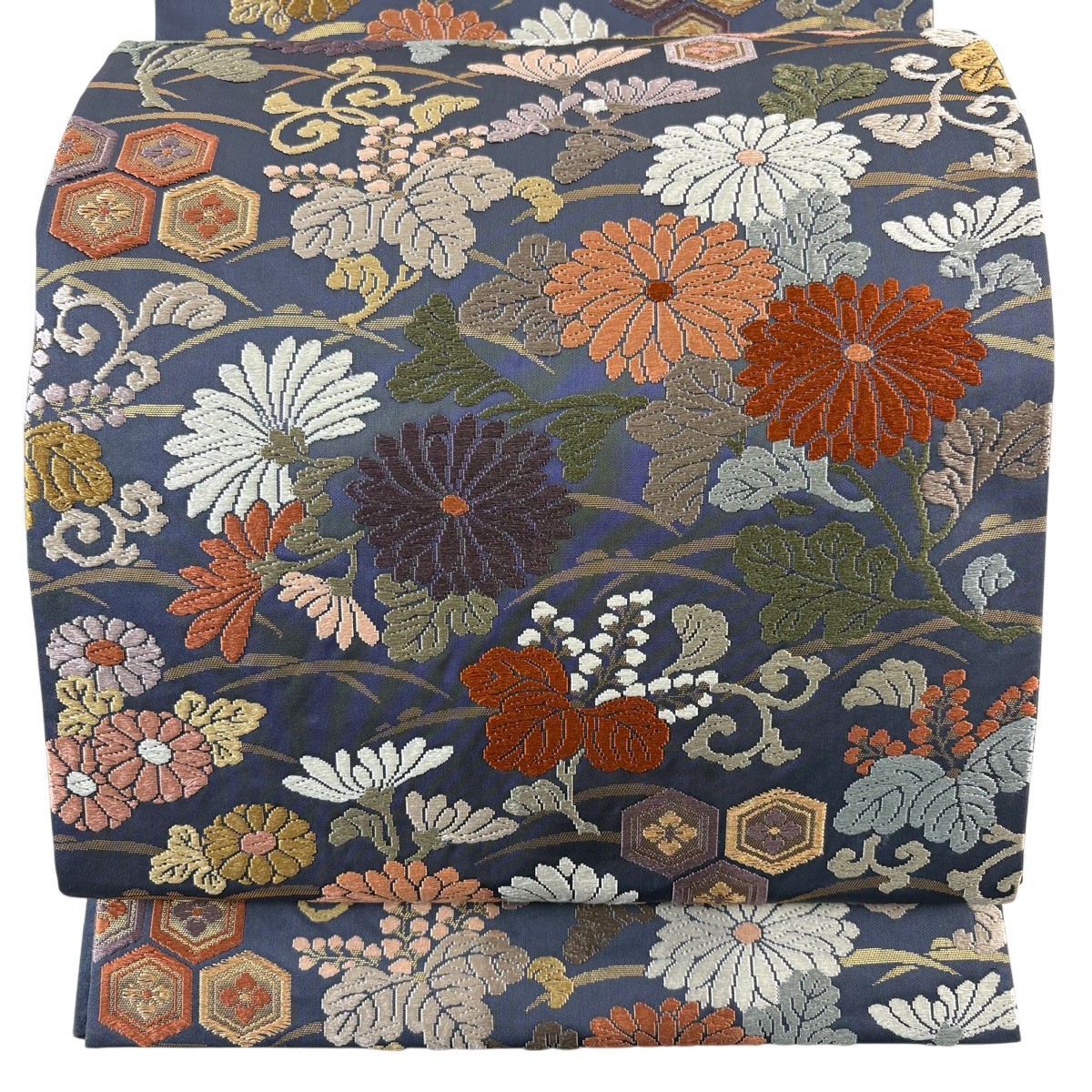 袋帯 名品 菊 亀甲 金糸 唐織 青灰色 六通 正絹 【中古】 9,660円