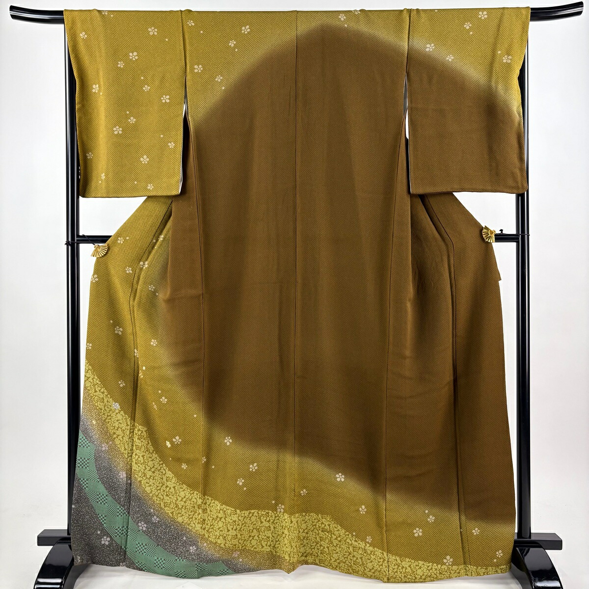 訪問着 身丈165.5cm 裄丈67.5cm L 袷 梅 市松 金銀糸 ぼかし 茶緑色 正絹 秀品 【中古】