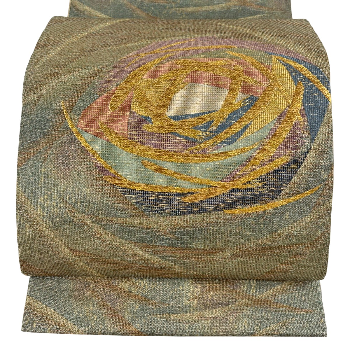 【美品】 袋帯 名品 花 金糸 箔 鶯色 六通 正絹 【中古】 msp50