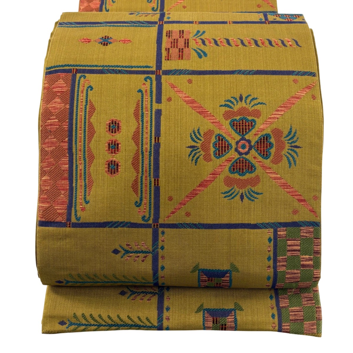 袋帯 秀品 幾何学模様 黄土色 六通 正絹 【中古】